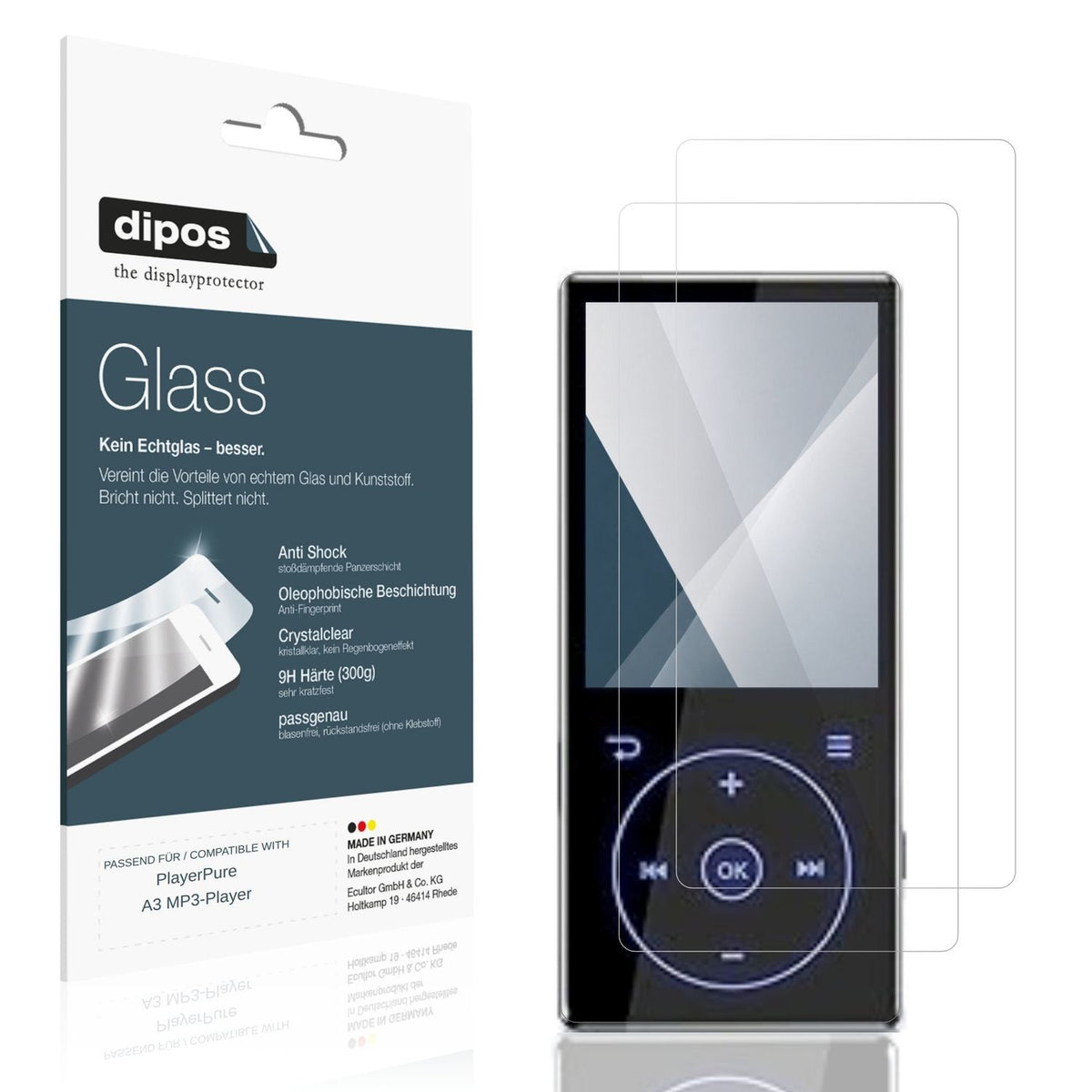 Klare Displayschutzfolie von dipos passend für PlayerPure A3 MP3-Player, 9H kratzfest und blasenfrei montiert