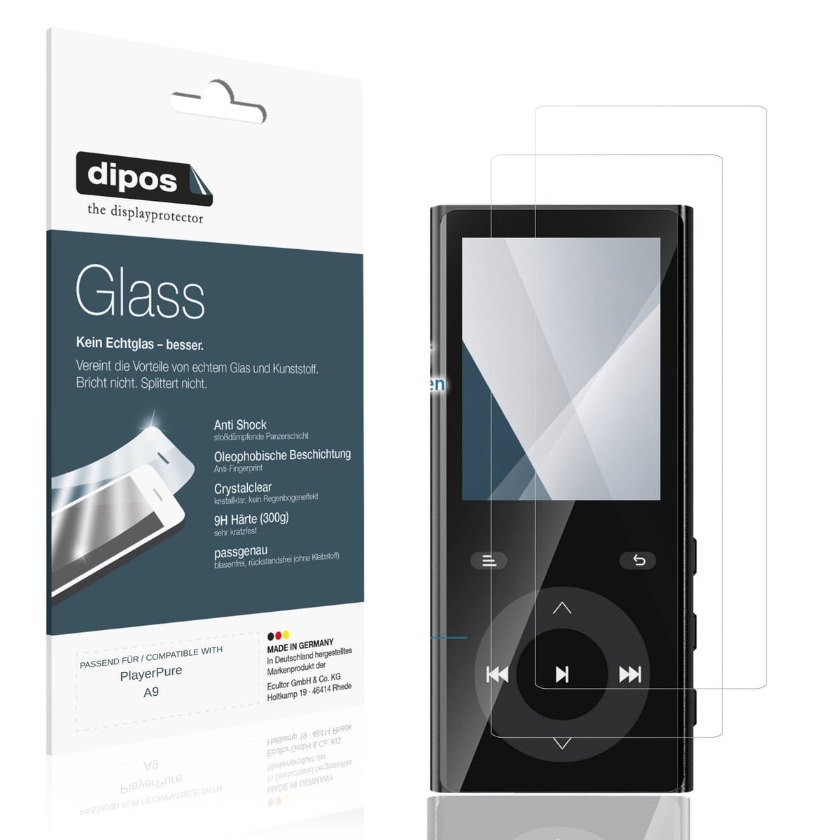 Klare Displayschutzfolie von dipos passend für PlayerPure A9, 9H kratzfest und blasenfrei montiert