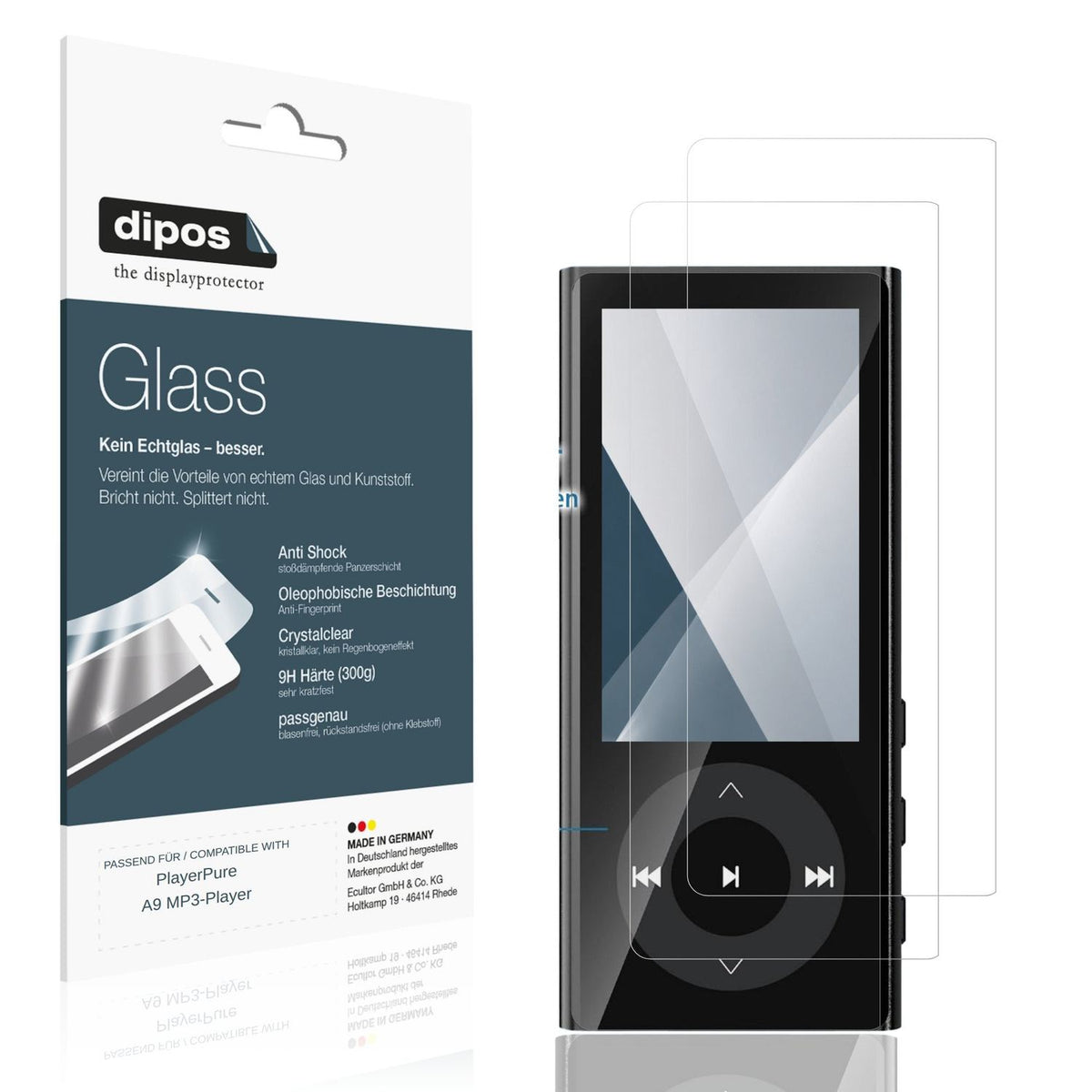 Klare Displayschutzfolie von dipos passend für PlayerPure A9 MP3-Player, 9H kratzfest und blasenfrei montiert