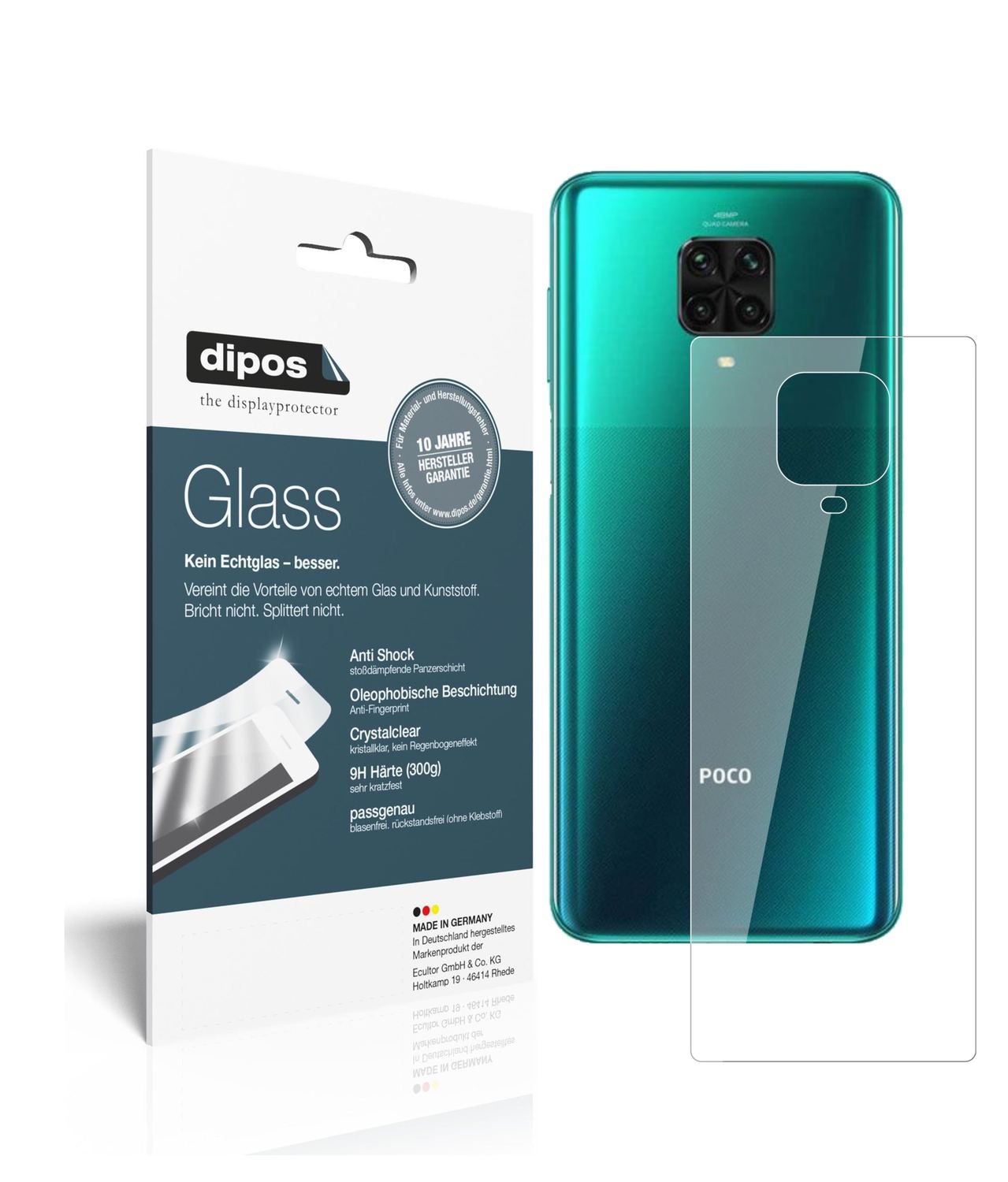 Klare Displayschutzfolie von dipos passend für Poco M2 Pro Rückseite, 9H kratzfest und blasenfrei montiert