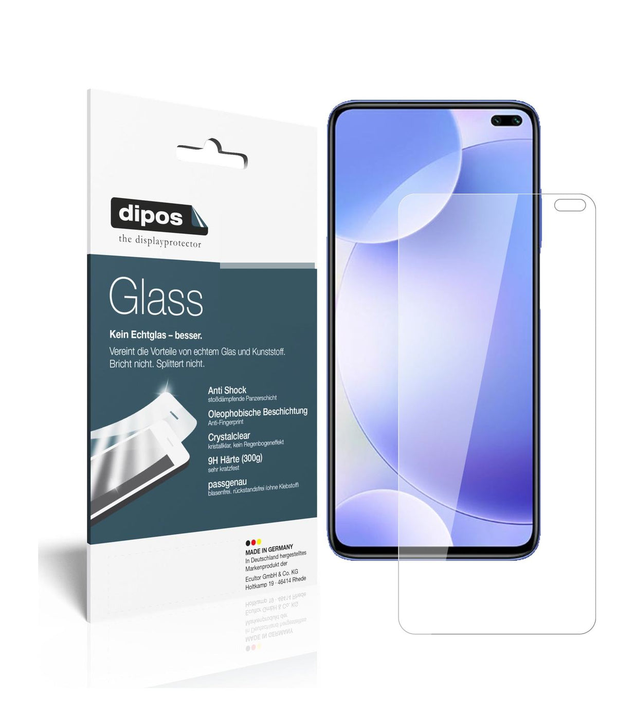 Klare Displayschutzfolie von dipos passend für Xiaomi Redmi K30 5G Racing, 9H kratzfest und blasenfrei montiert