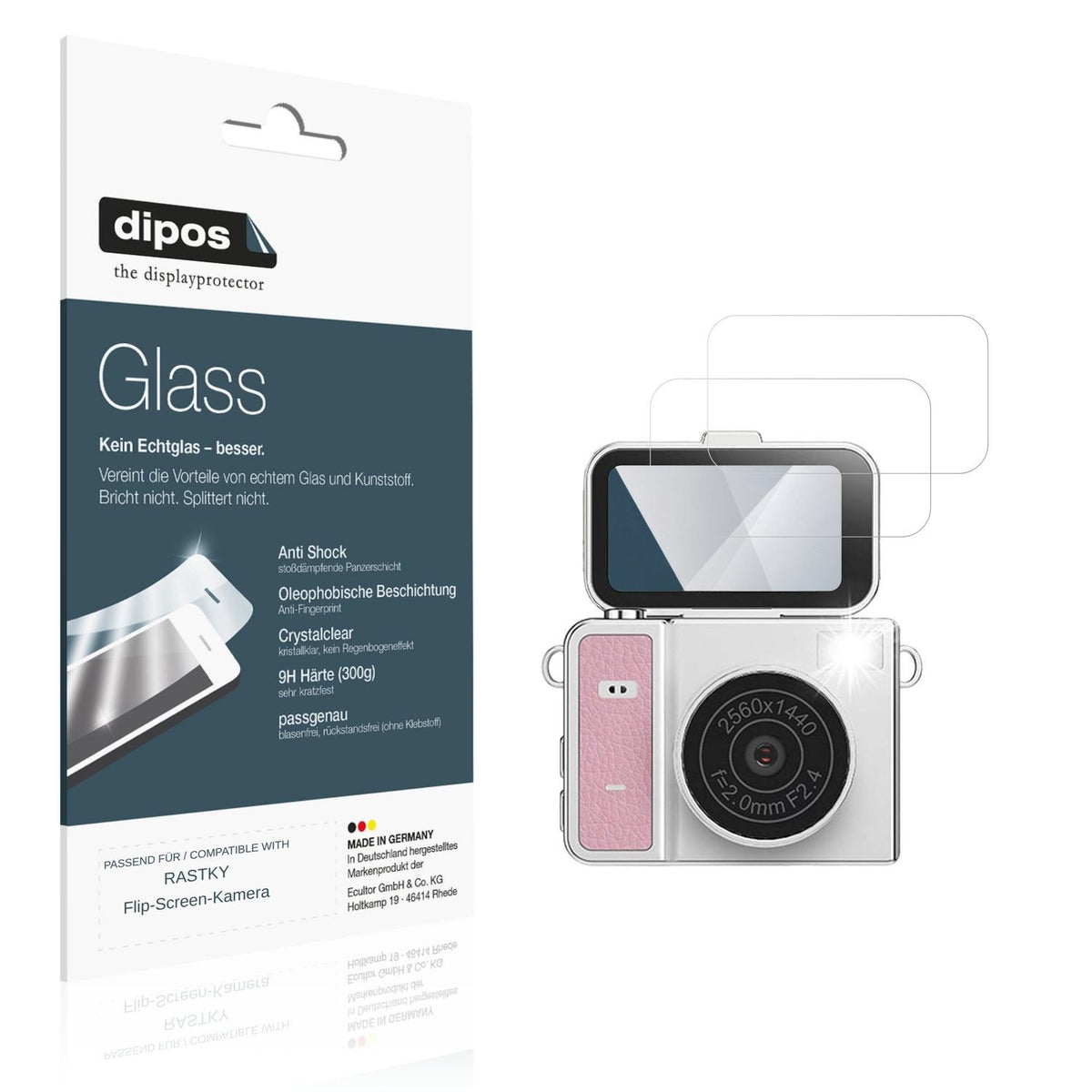 Klare Displayschutzfolie von dipos passend für RASTKY Flip-Screen-Kamera, 9H kratzfest und blasenfrei montiert