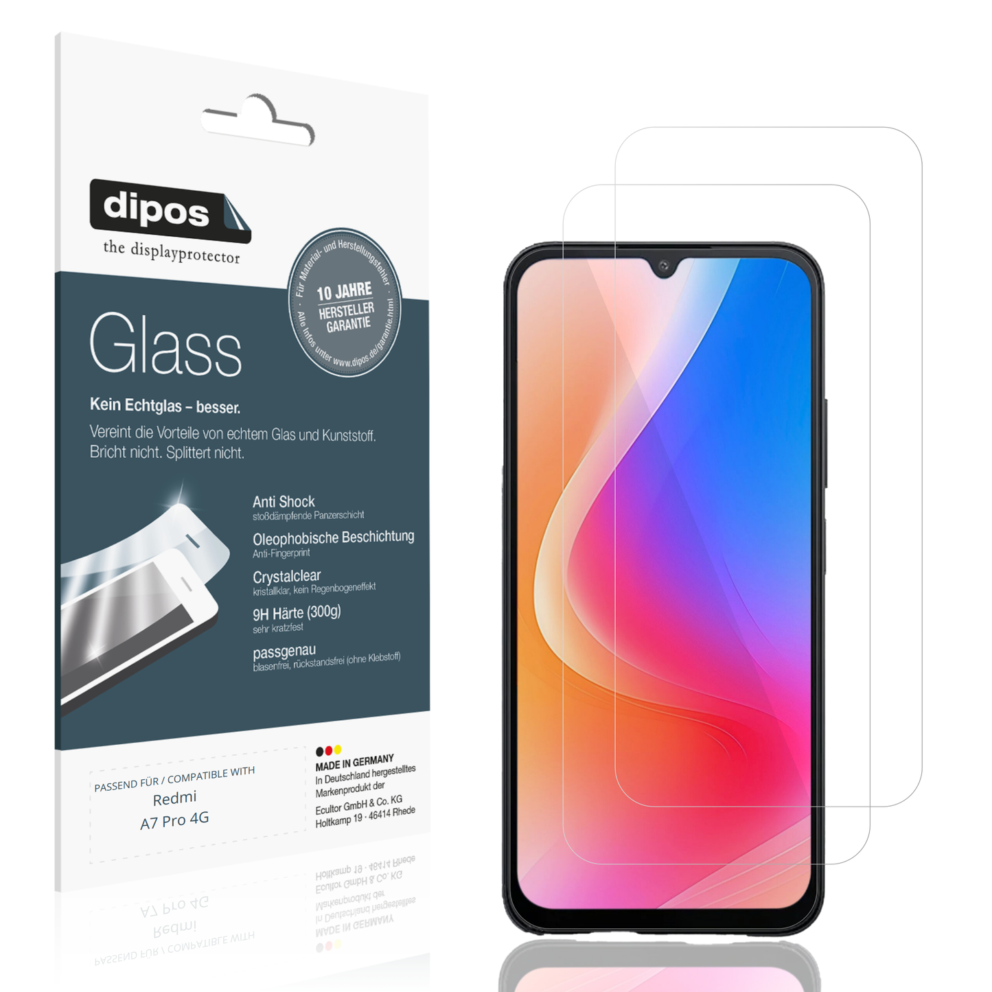 Klare Displayschutzfolie von dipos passend für Redmi A7 Pro 4G, 9H kratzfest und blasenfrei montiert