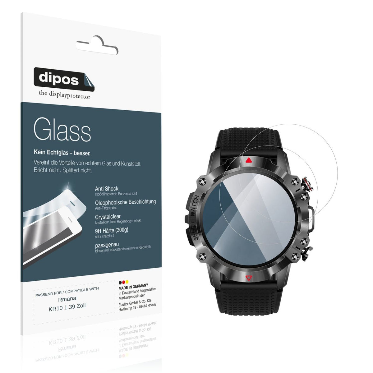 Klare Displayschutzfolie von dipos passend für Rmana KR10 1.39 Zoll, 9H kratzfest und blasenfrei montiert