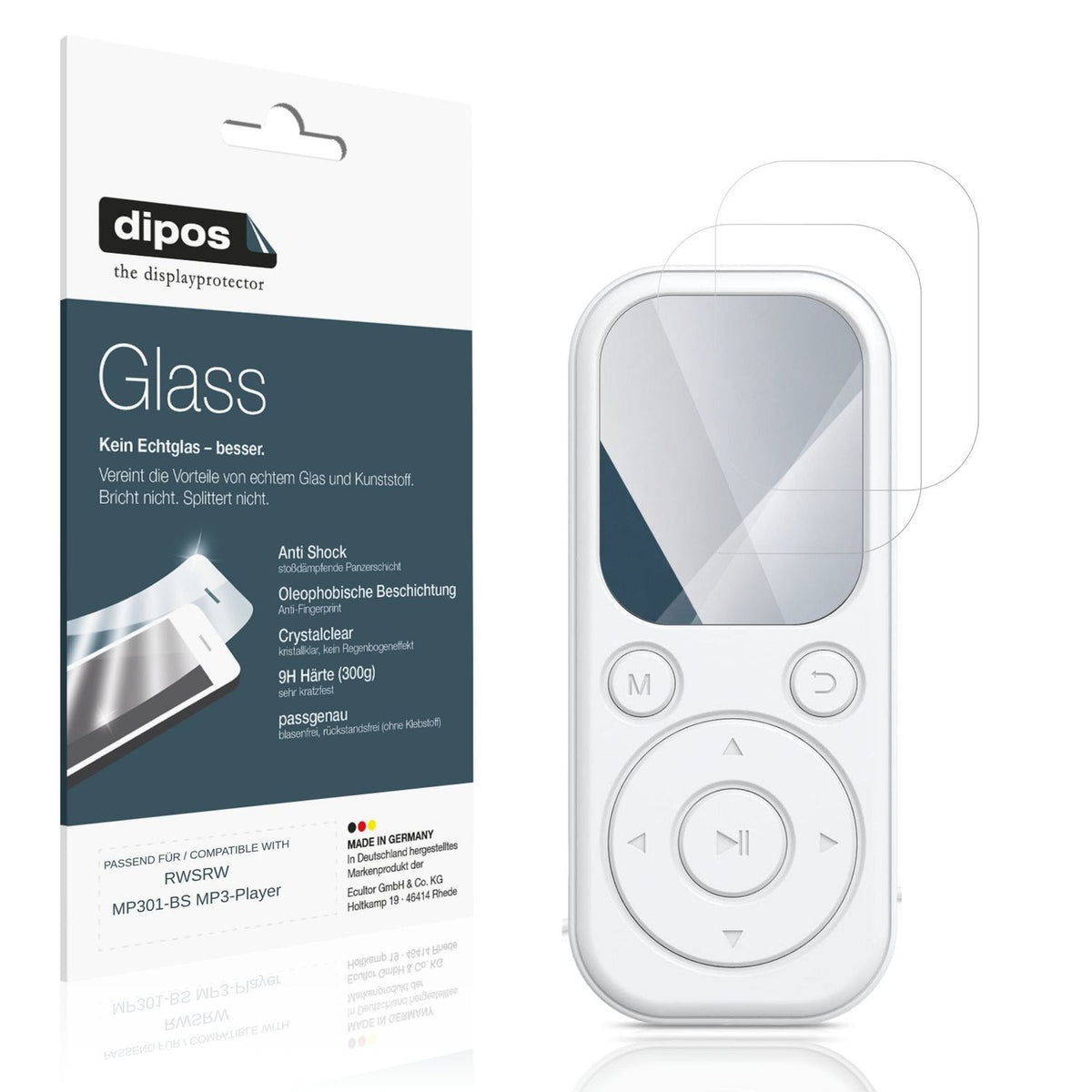 Klare Displayschutzfolie von dipos passend für RWSRW MP301-BS MP3-Player, 9H kratzfest und blasenfrei montiert