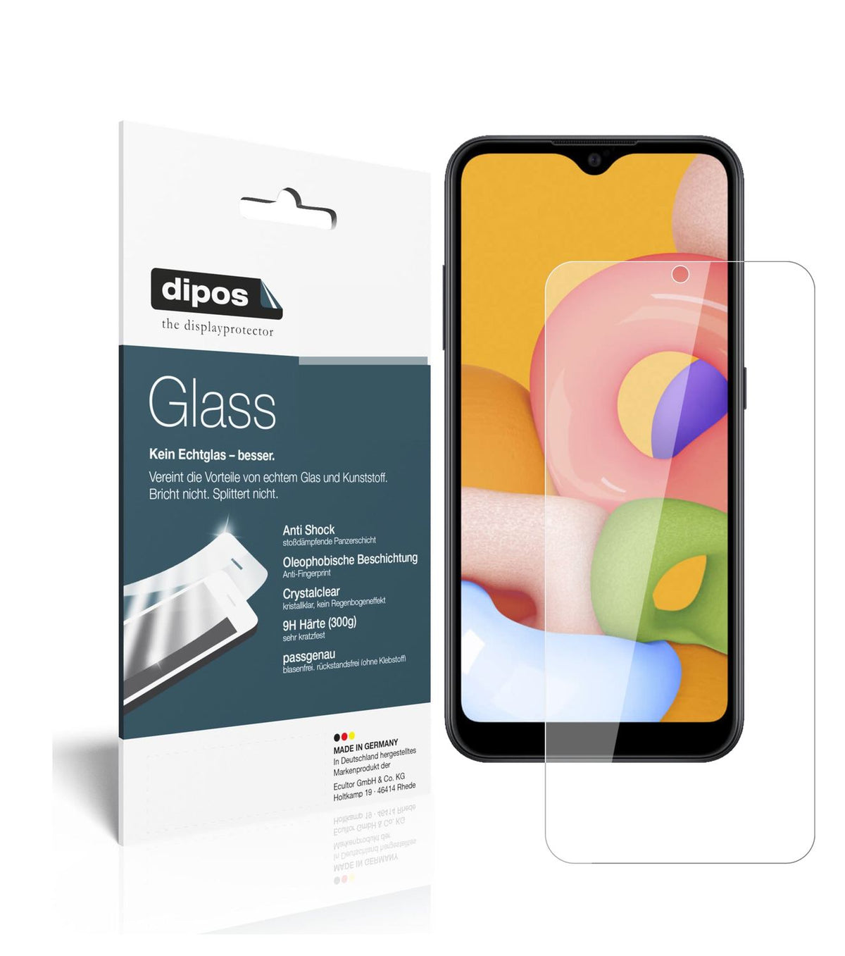Klare Displayschutzfolie von dipos passend für Samsung Galaxy A01, 9H kratzfest und blasenfrei montiert