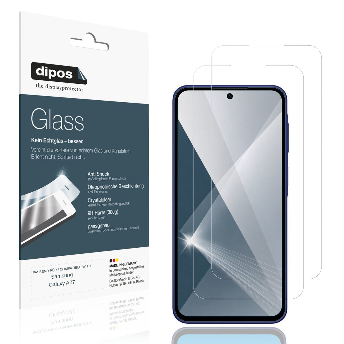 Klare Displayschutzfolie von dipos passend für Samsung Galaxy A27, 9H kratzfest und blasenfrei montiert