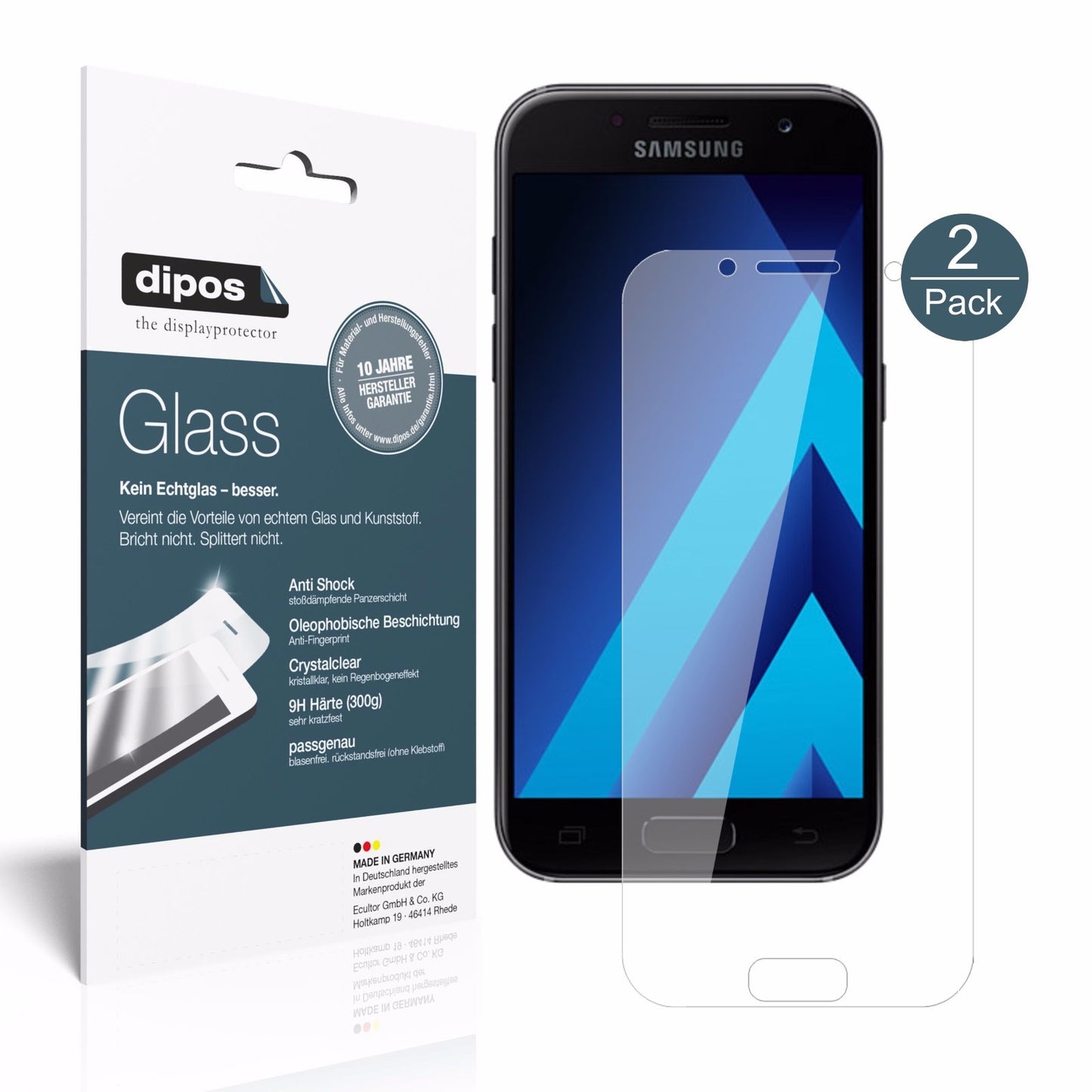 Klare Displayschutzfolie von dipos passend für Samsung Galaxy A3 (2017), 9H kratzfest und blasenfrei montiert