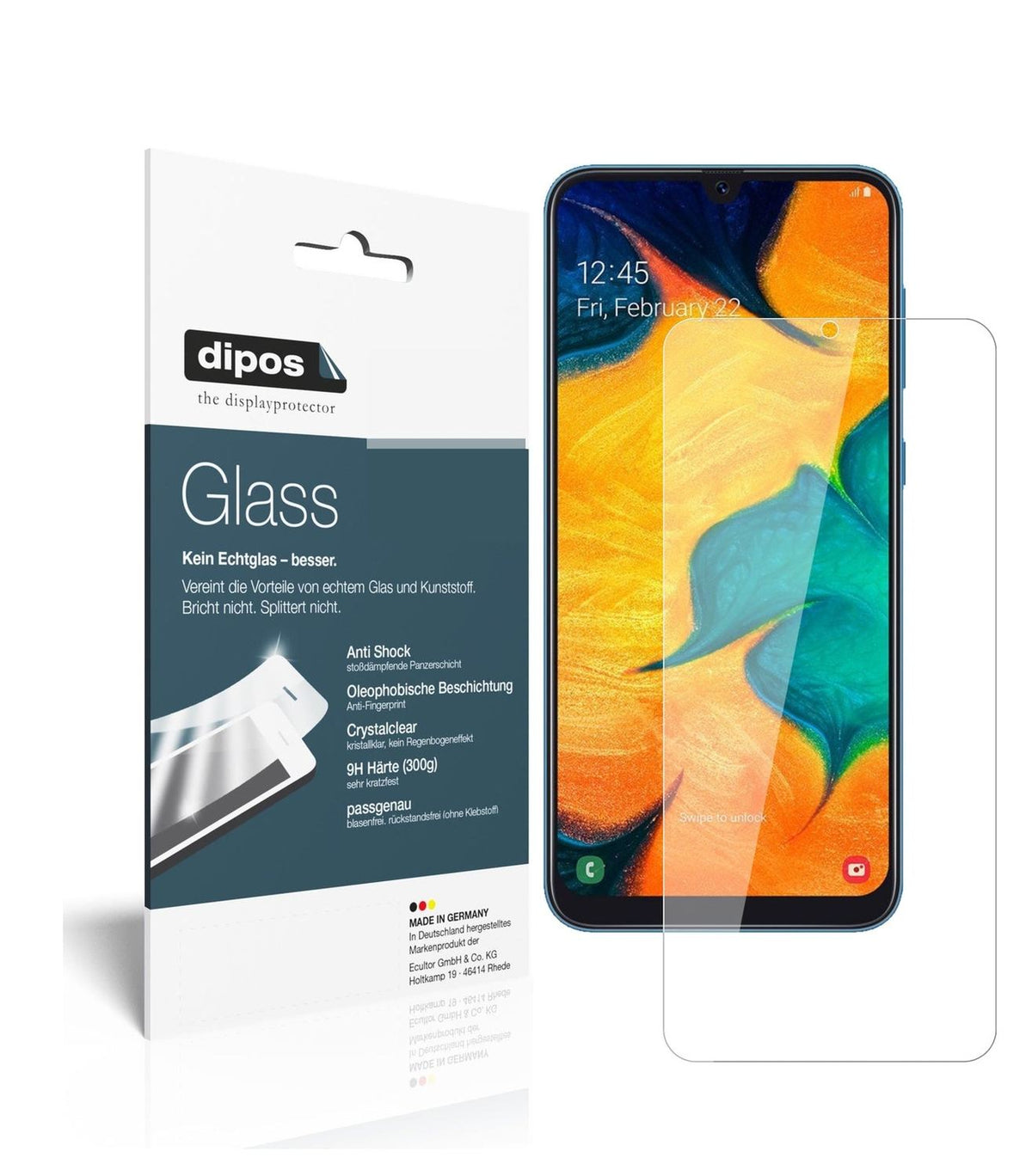 Klare Displayschutzfolie von dipos passend für Samsung Galaxy A30, 9H kratzfest und blasenfrei montiert