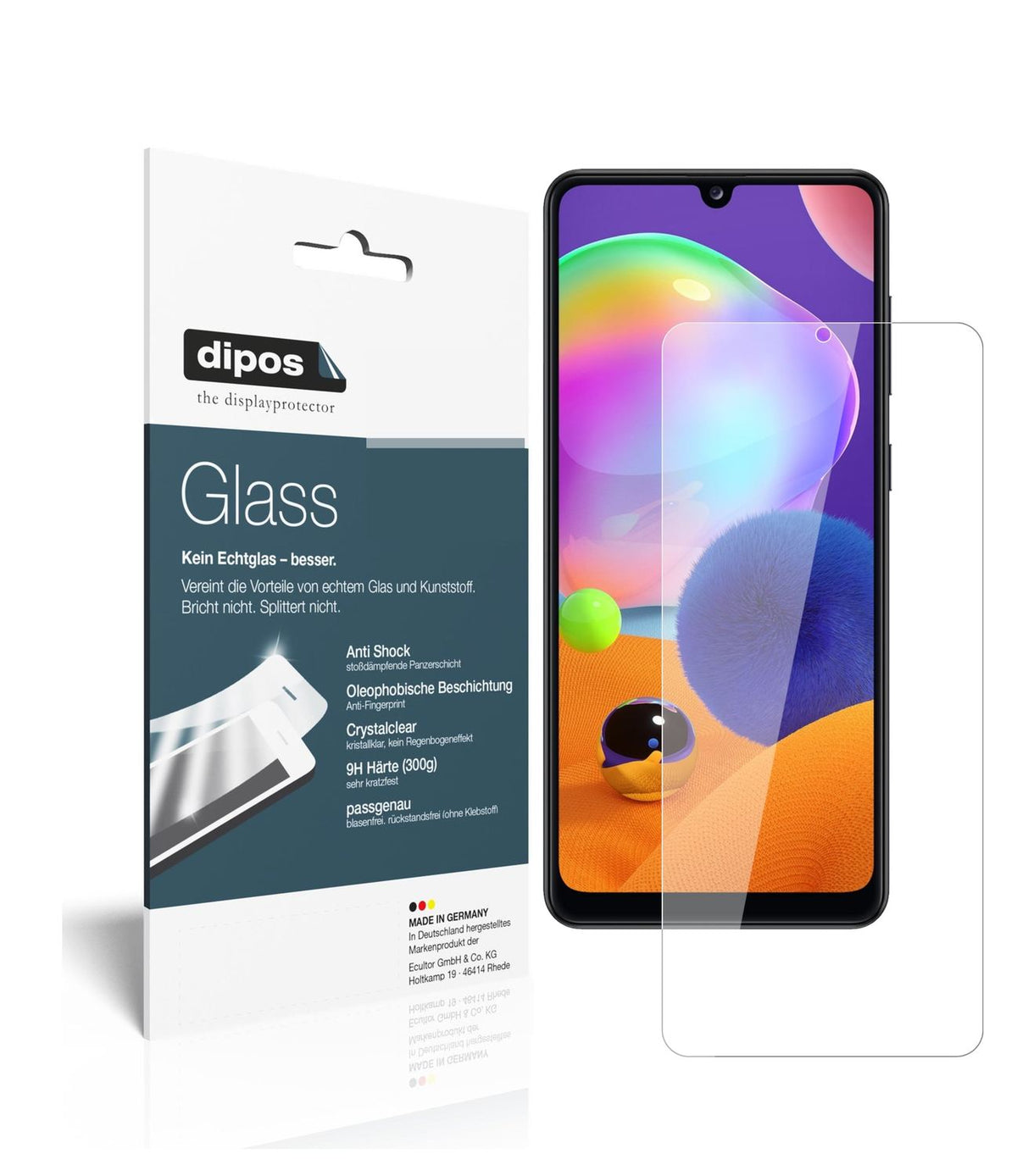 Klare Displayschutzfolie von dipos passend für Samsung Galaxy A31, 9H kratzfest und blasenfrei montiert