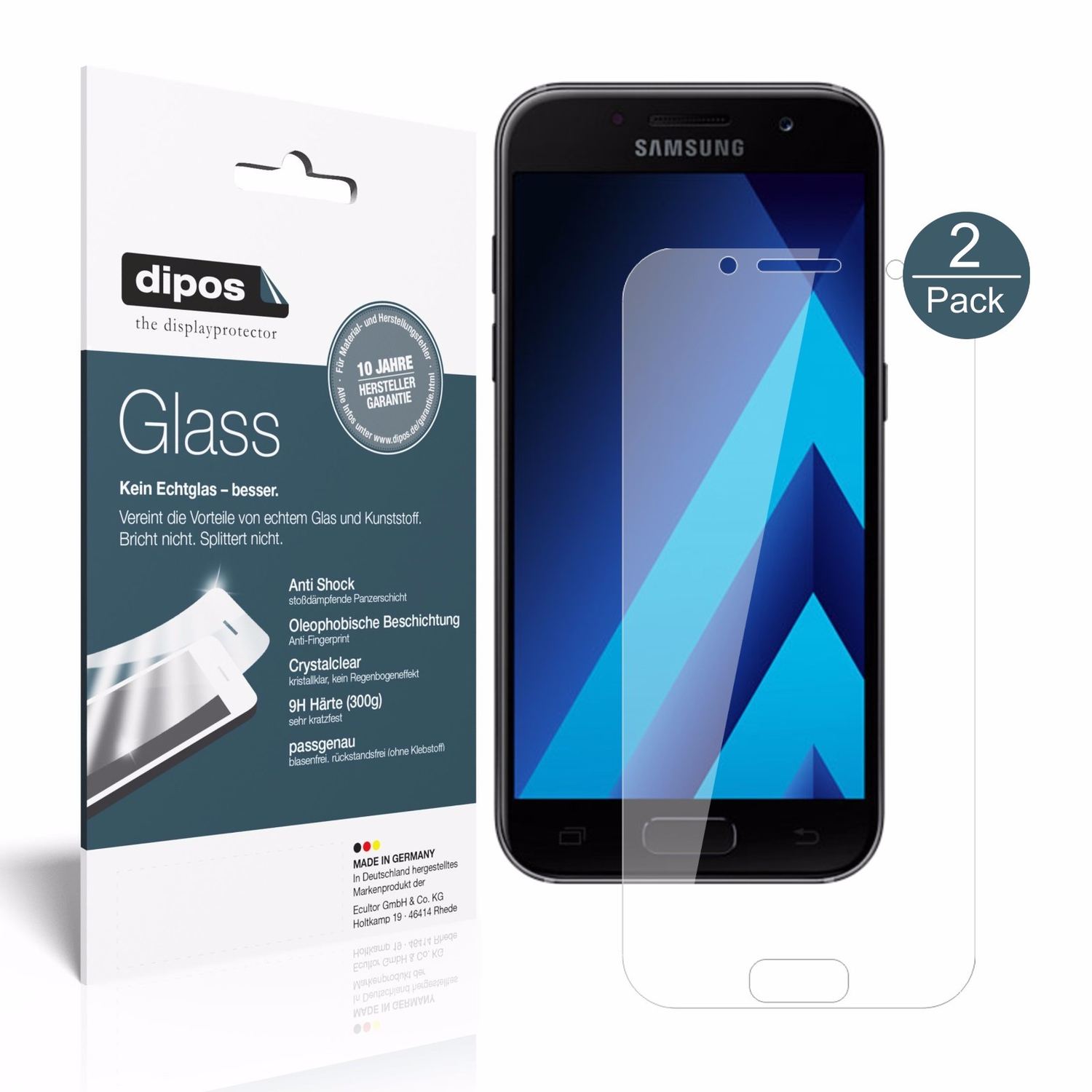Klare Displayschutzfolie von dipos passend für Samsung Galaxy A5 (2017), 9H kratzfest und blasenfrei montiert