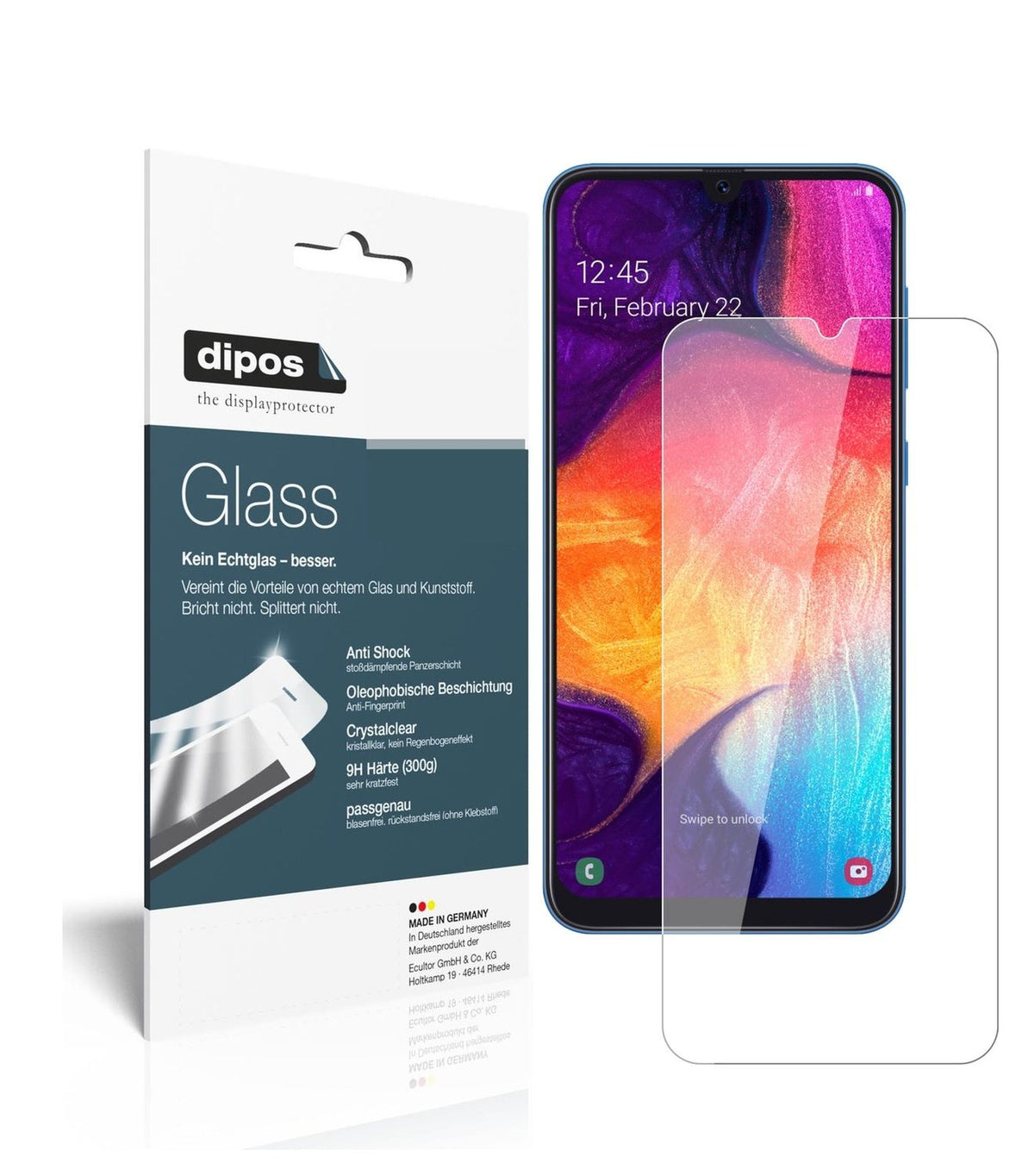 Klare Displayschutzfolie von dipos passend für Samsung Galaxy A50, 9H kratzfest und blasenfrei montiert