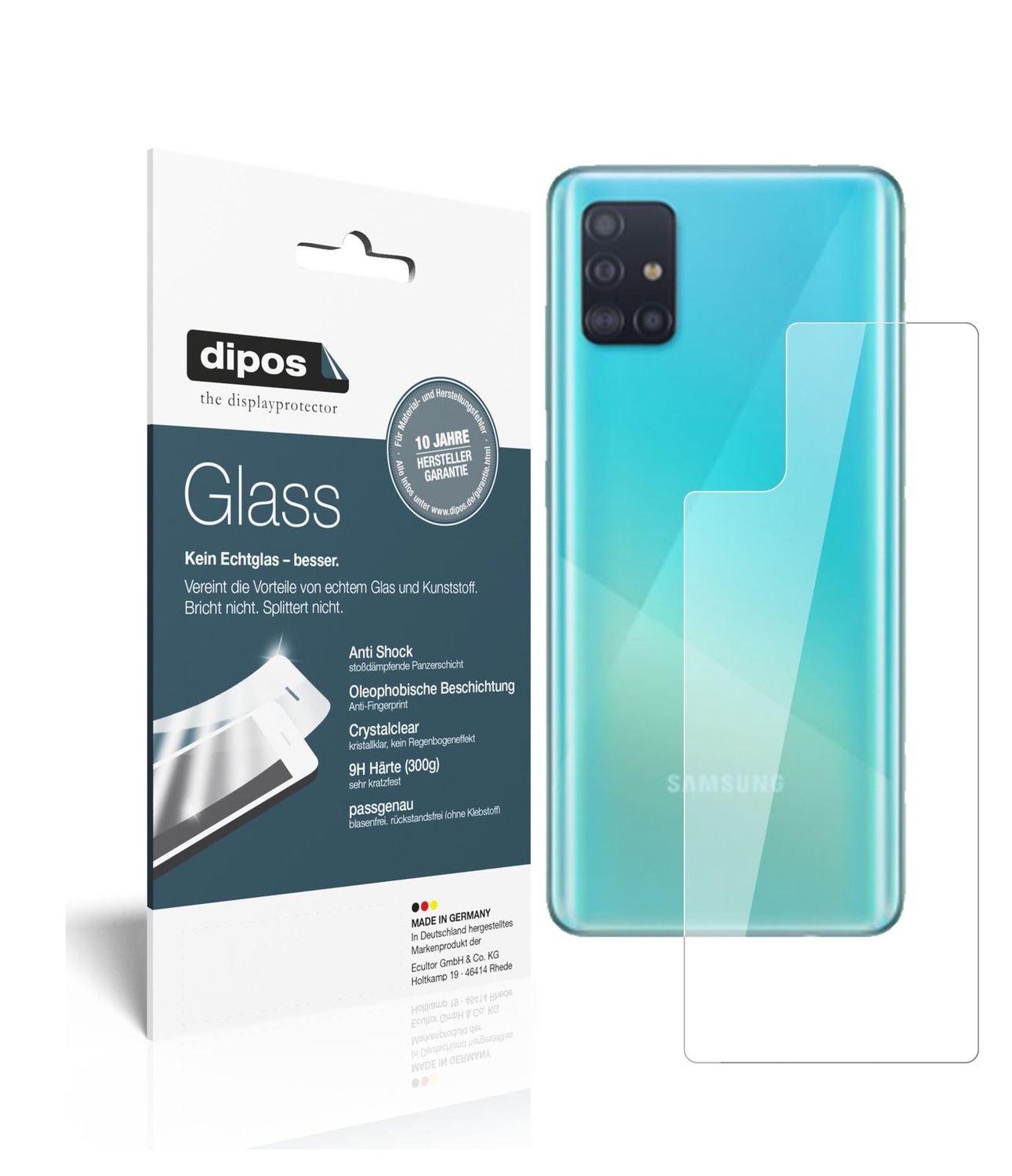 Klare Displayschutzfolie von dipos passend für Samsung Galaxy A51 5G Rückseite, 9H kratzfest und blasenfrei montiert