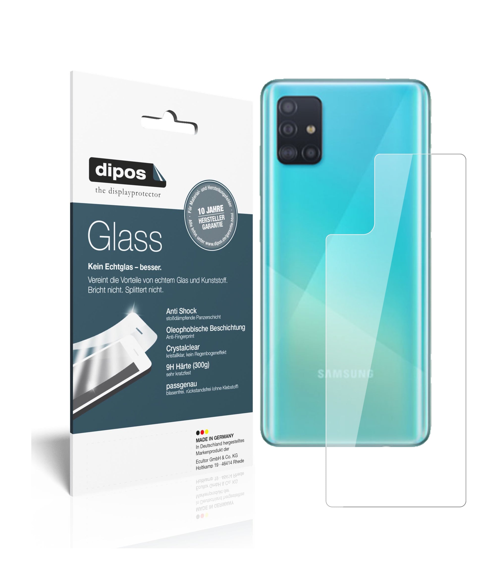 Klare Displayschutzfolie von dipos passend für Samsung Galaxy A71 Rückseite, 9H kratzfest und blasenfrei montiert