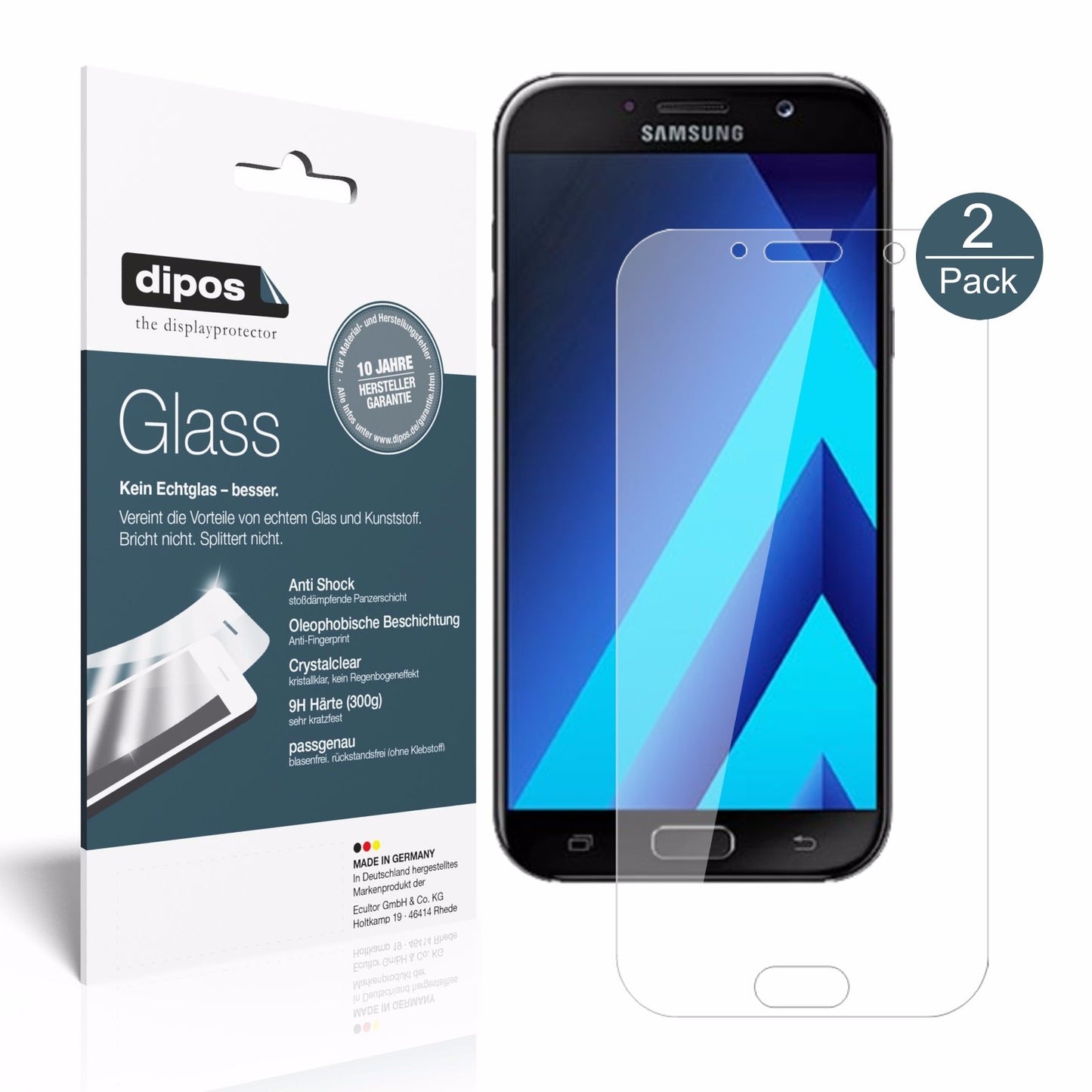 Klare Displayschutzfolie von dipos passend für Samsung Galaxy A7 (2017), 9H kratzfest und blasenfrei montiert