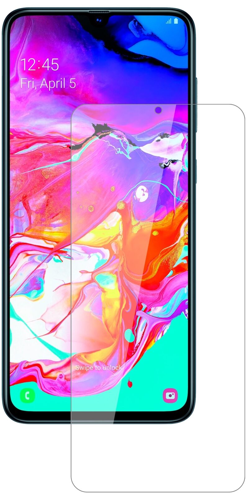 Klare Displayschutzfolie von dipos passend für Samsung Galaxy A70, 9H kratzfest und blasenfrei montiert