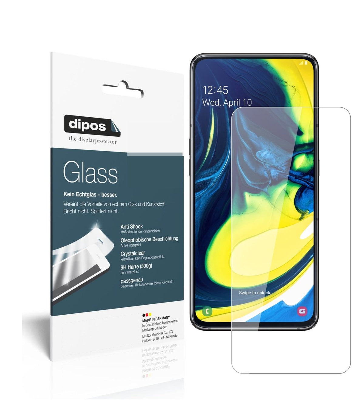 Klare Displayschutzfolie von dipos passend für Samsung Galaxy A80, 9H kratzfest und blasenfrei montiert
