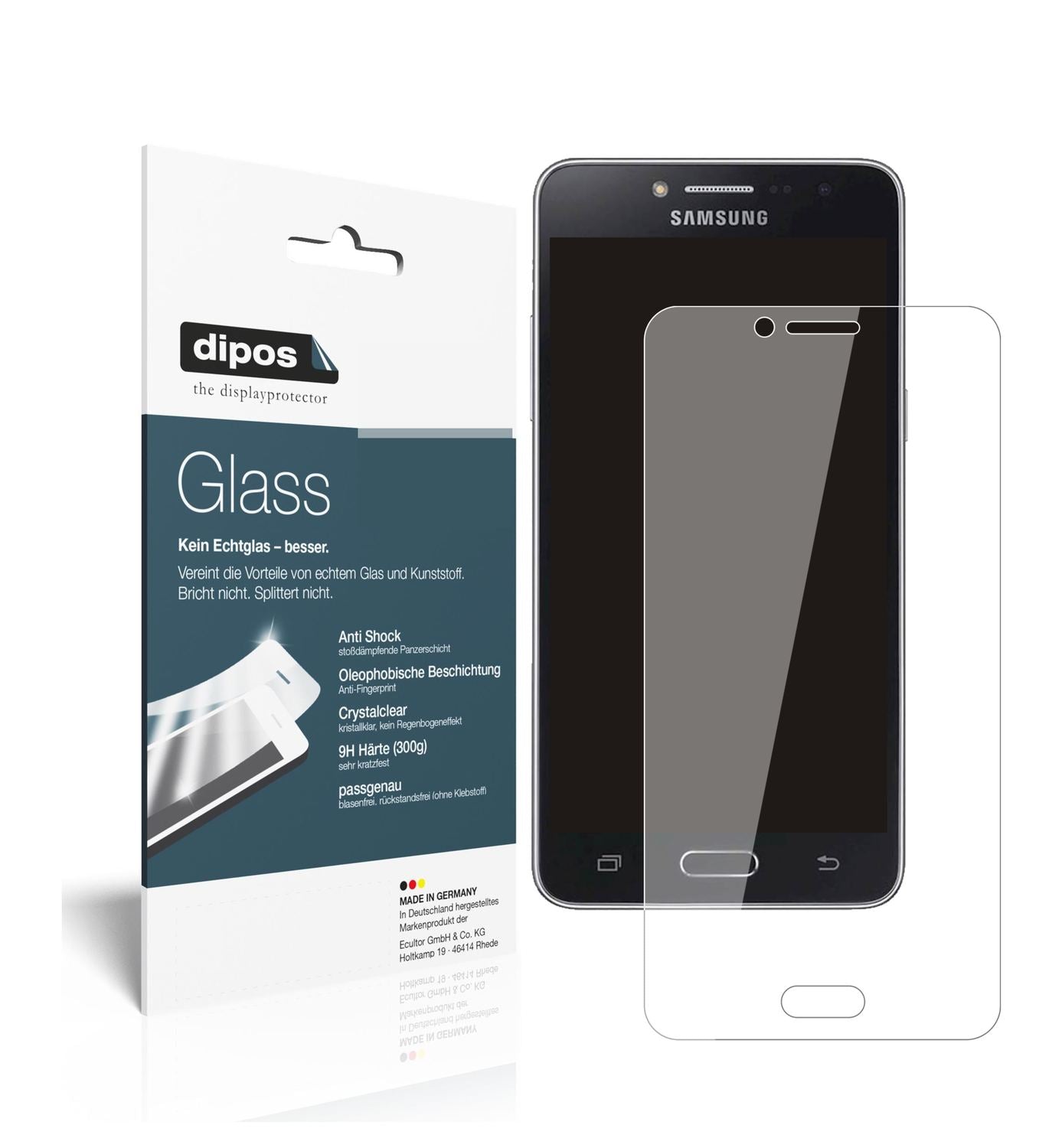 Klare Displayschutzfolie von dipos passend für Samsung Galaxy J2 Prime, 9H kratzfest und blasenfrei montiert