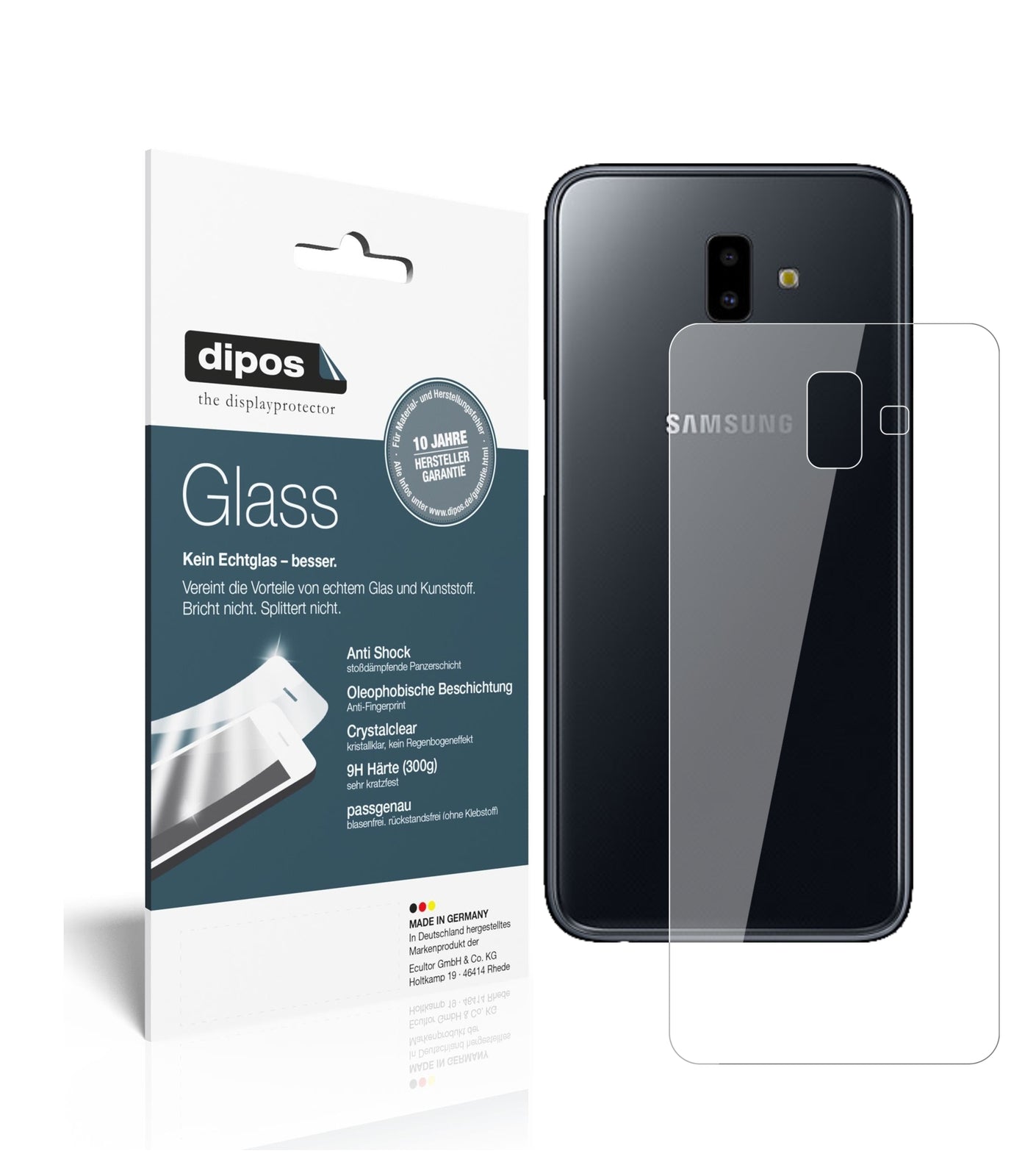 Klare Displayschutzfolie von dipos passend für Samsung Galaxy J6 Plus (2018) Rückseite, 9H kratzfest und blasenfrei montiert