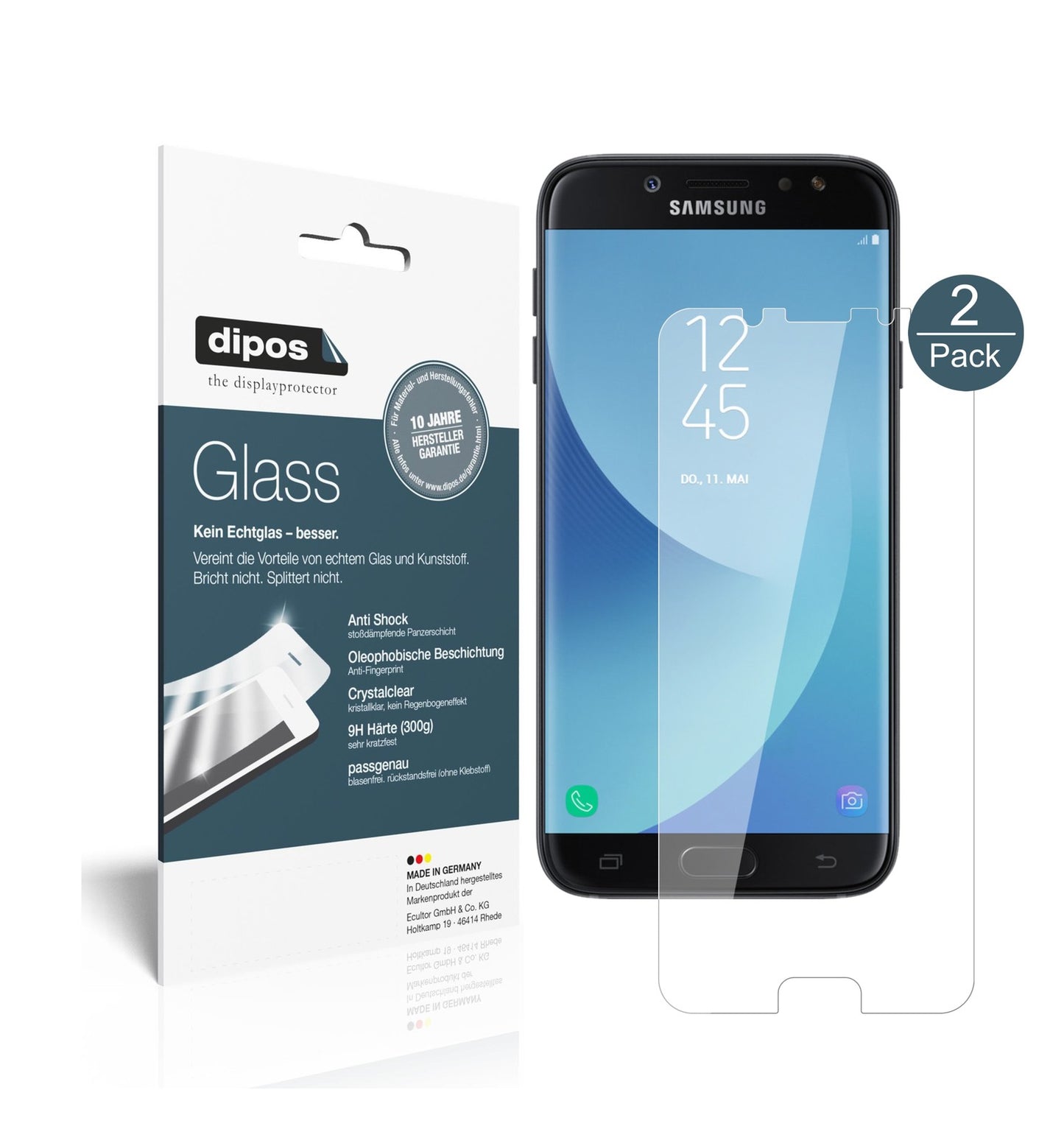 Klare Displayschutzfolie von dipos passend für Samsung Galaxy J7 2017, 9H kratzfest und blasenfrei montiert