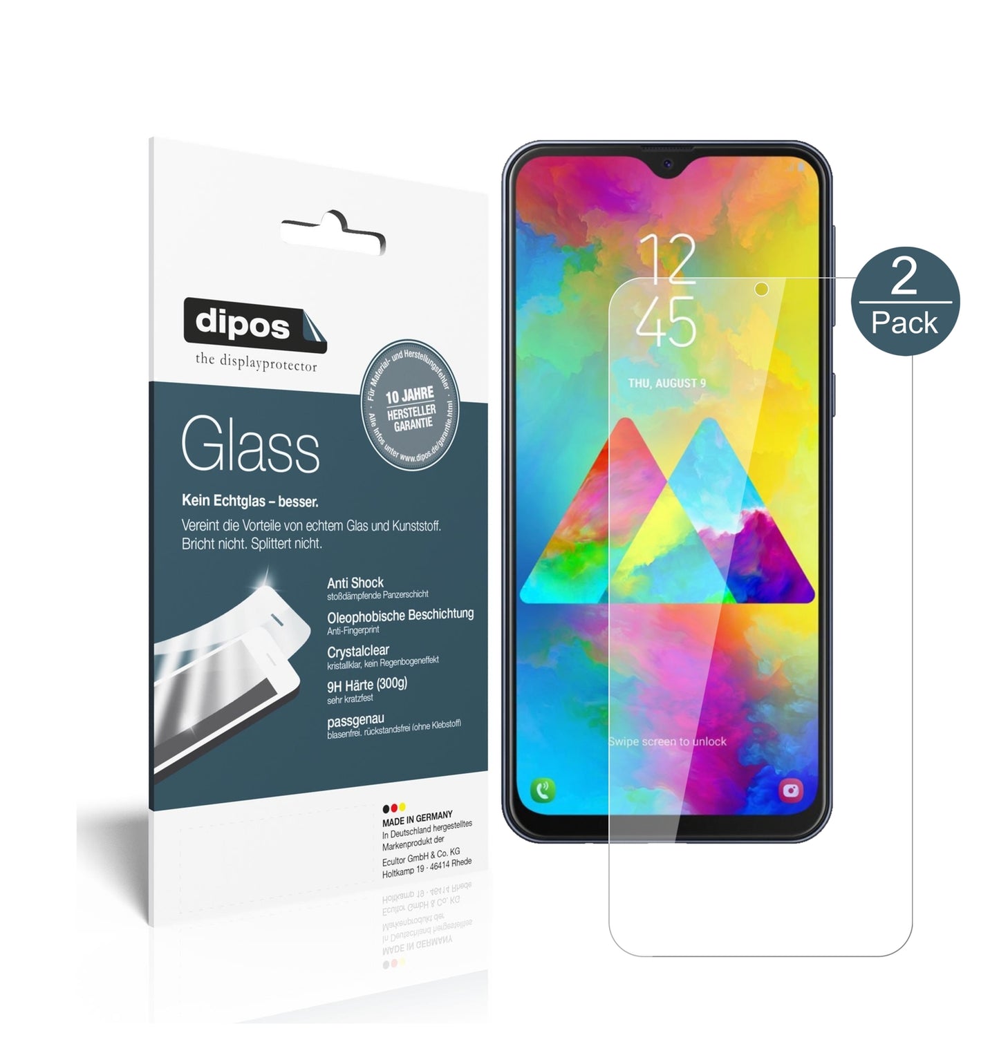 Klare Displayschutzfolie von dipos passend für Samsung Galaxy M20, 9H kratzfest und blasenfrei montiert