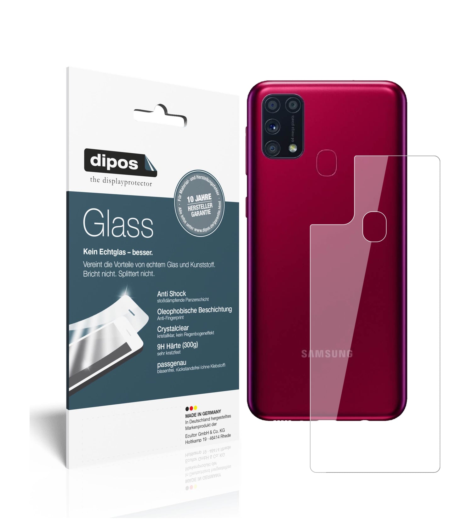 Klare Displayschutzfolie von dipos passend für Samsung Galaxy M31 Rückseite, 9H kratzfest und blasenfrei montiert