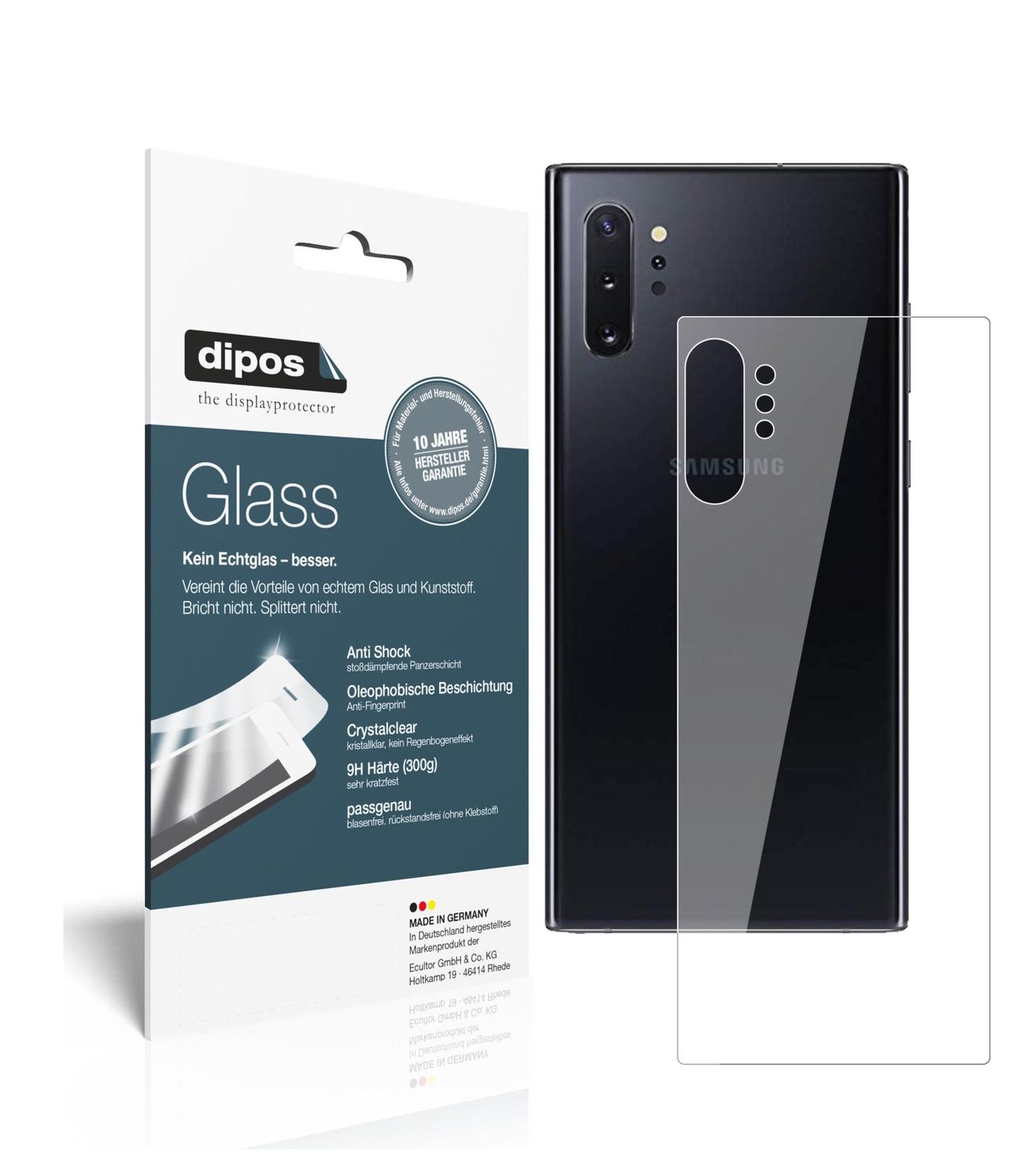 Klare Displayschutzfolie von dipos passend für Samsung Galaxy Note 10 Plus 5G Rückseite, 9H kratzfest und blasenfrei montiert