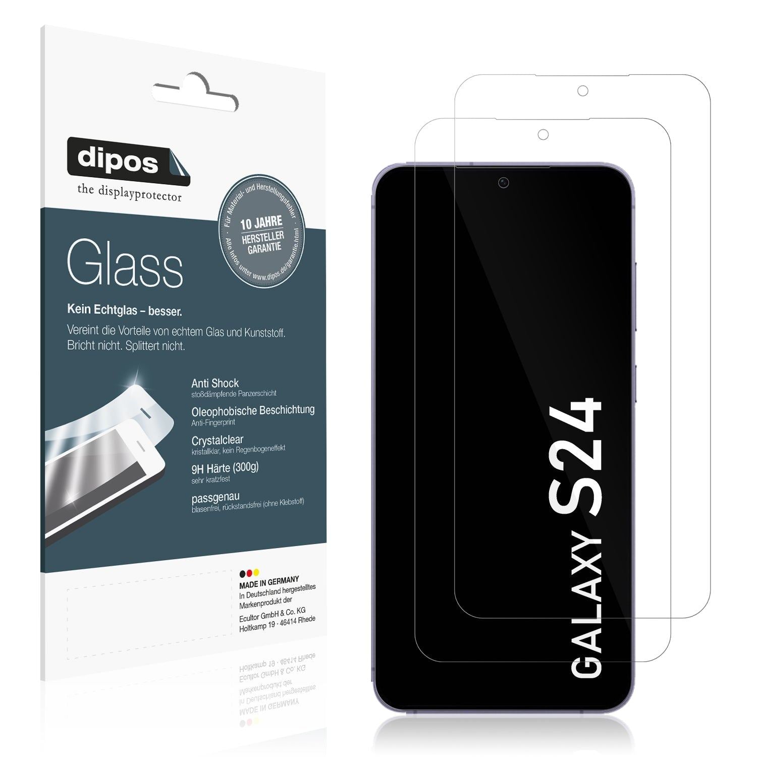 Klare Displayschutzfolie von dipos passend für Samsung Galaxy S24, 9H kratzfest und blasenfrei montiert