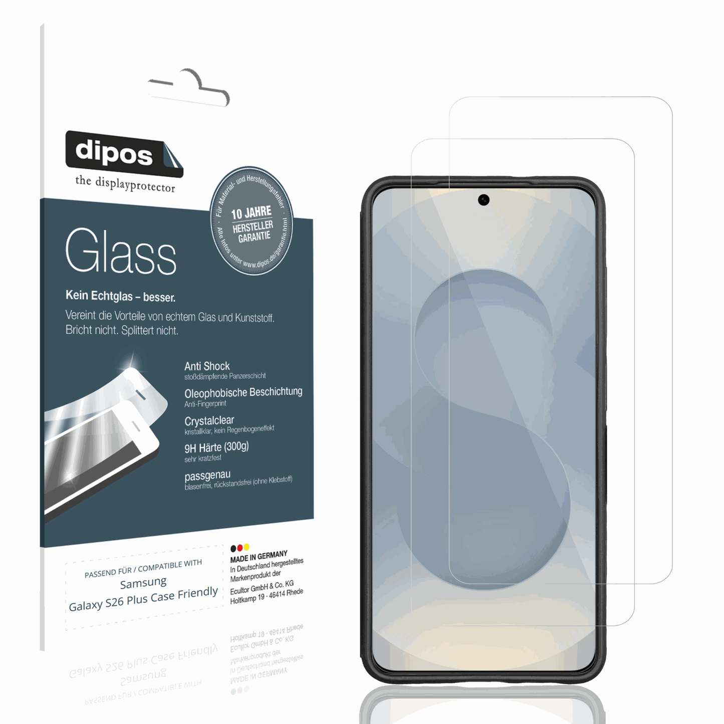 Klare Displayschutzfolie von dipos passend für Samsung Galaxy S26 Plus Case Friendly, 9H kratzfest und blasenfrei montiert