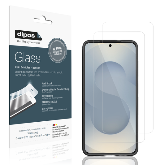 Klare Displayschutzfolie von dipos passend für Samsung Galaxy S26 Plus Case Friendly, 9H kratzfest und blasenfrei montiert