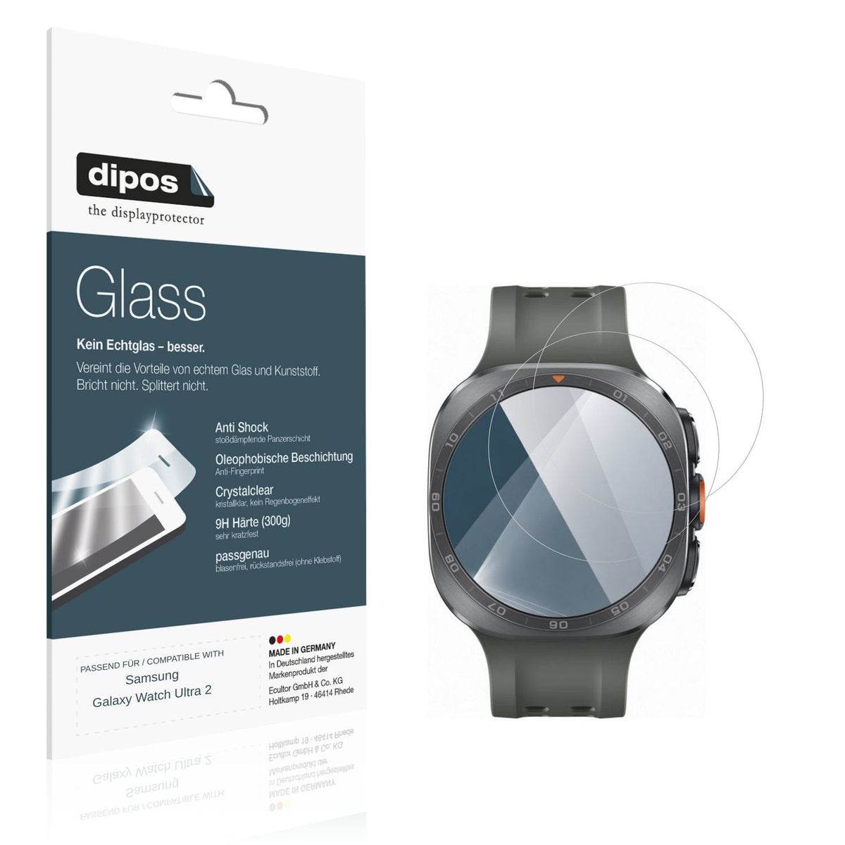 Klare Displayschutzfolie von dipos passend für Samsung Galaxy Watch Ultra 2, 9H kratzfest und blasenfrei montiert