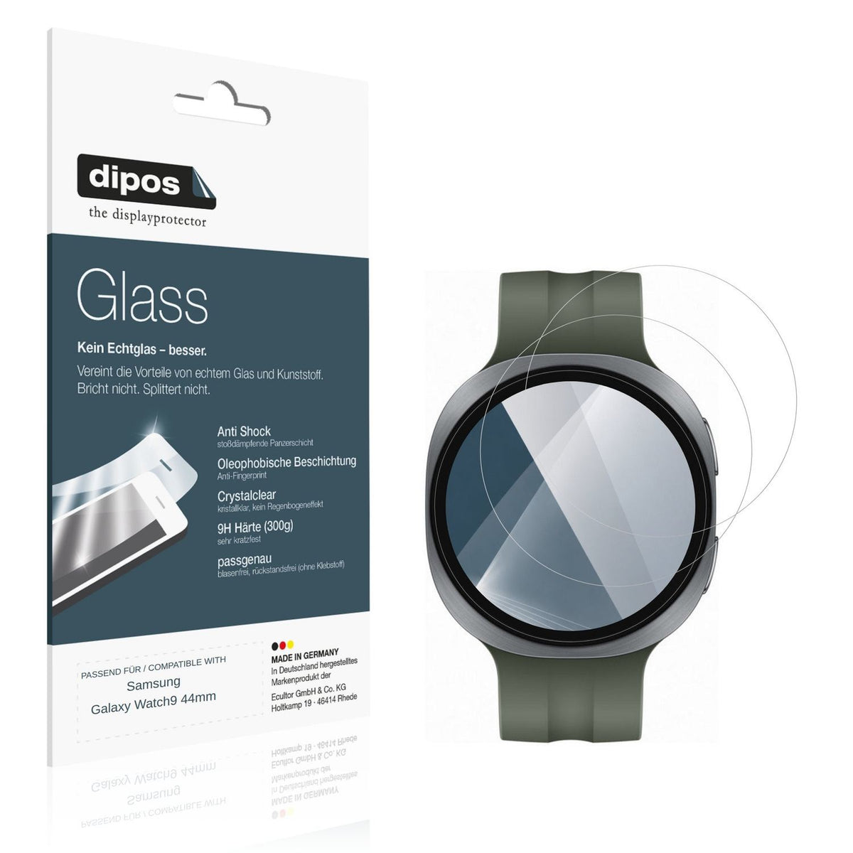 Klare Displayschutzfolie von dipos passend für Samsung Galaxy Watch9 44mm, 9H kratzfest und blasenfrei montiert