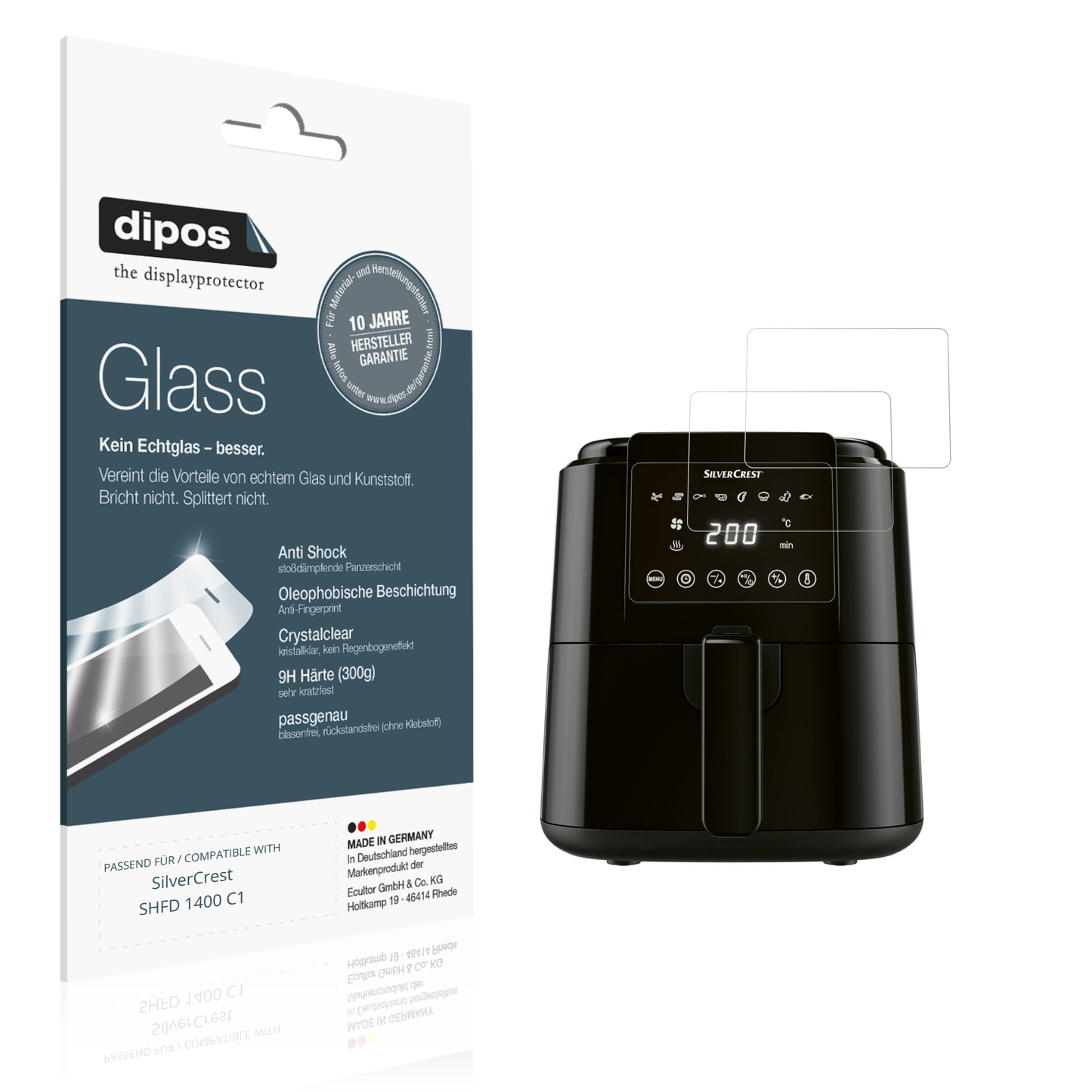 Klare Displayschutzfolie von dipos passend für SilverCrest SHFD 1400 C1, 9H kratzfest und blasenfrei montiert