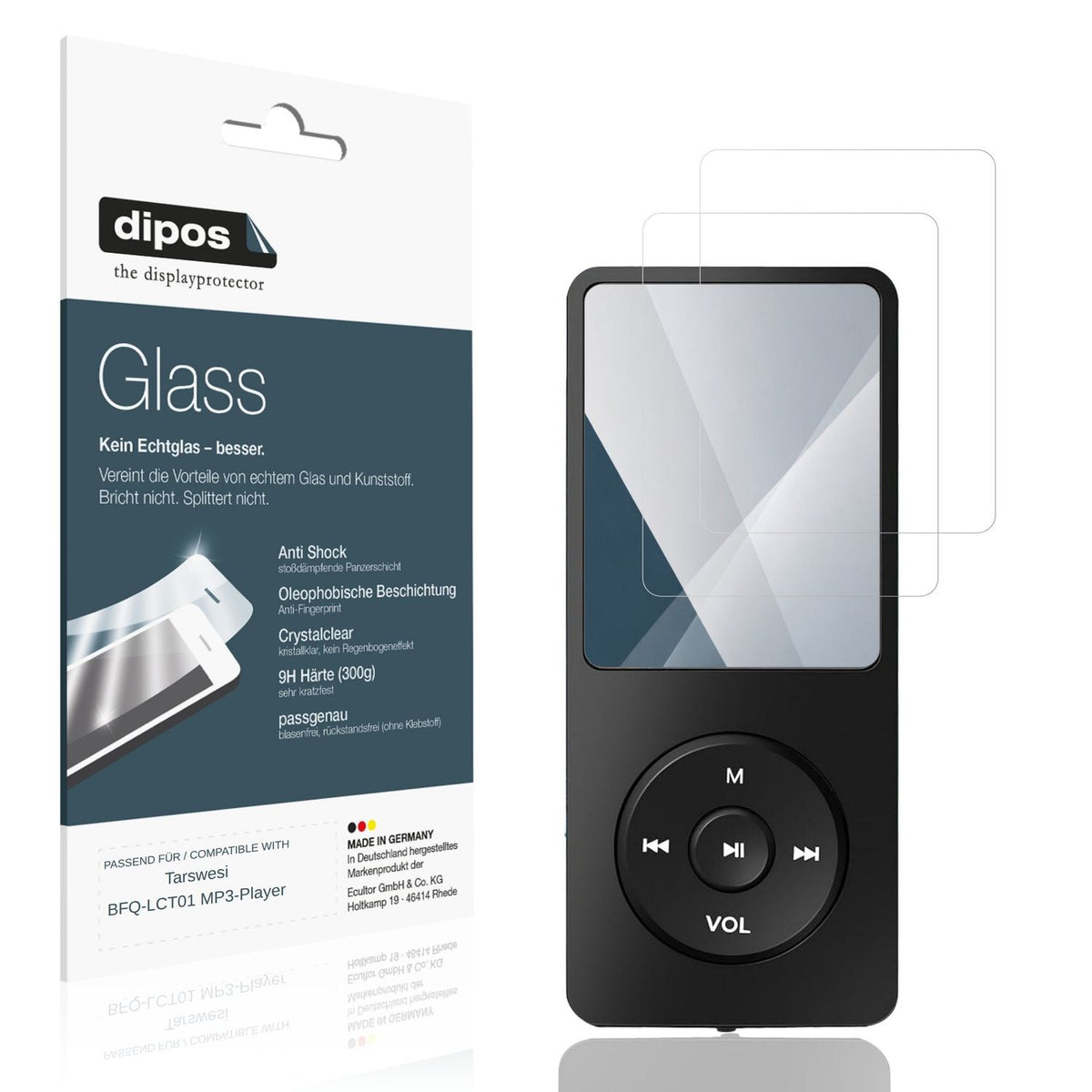 Klare Displayschutzfolie von dipos passend für Tarswesi BFQ-LCT01 MP3-Player, 9H kratzfest und blasenfrei montiert