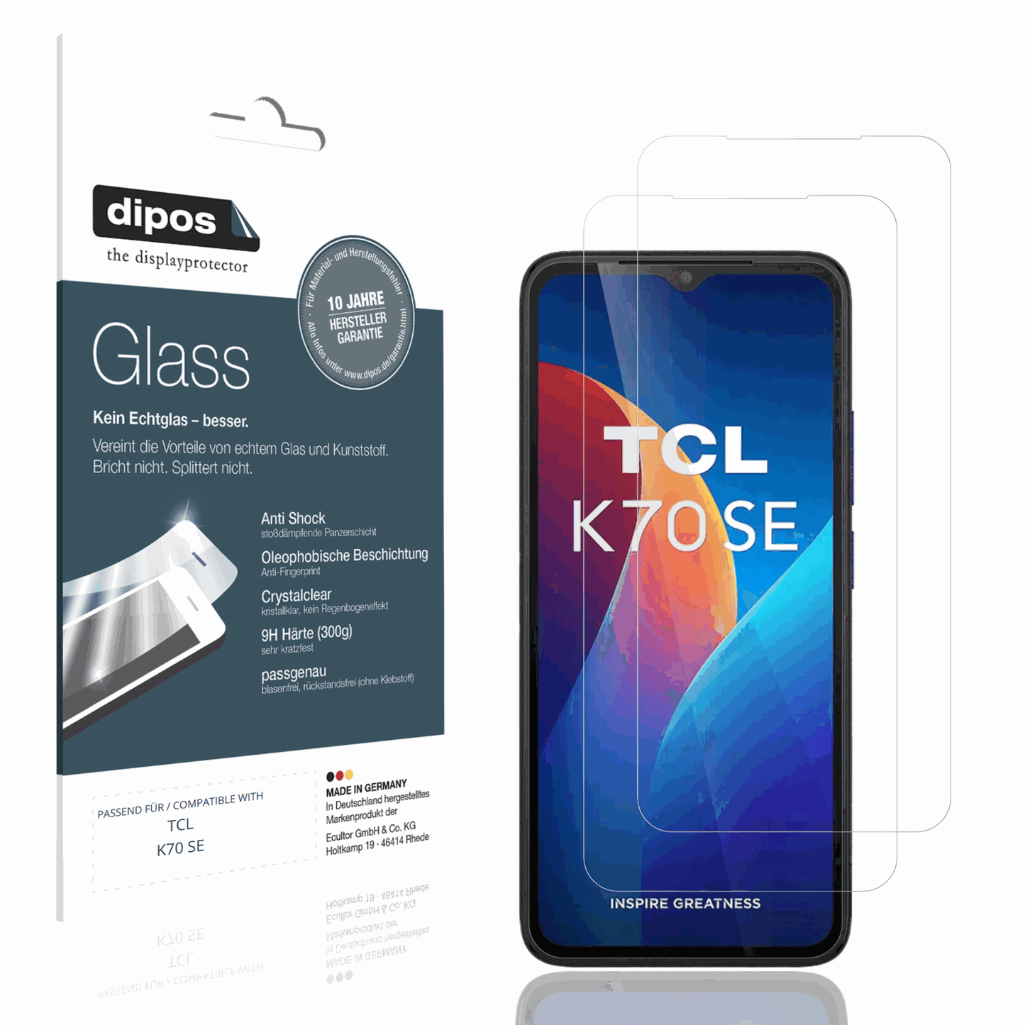 Klare Displayschutzfolie von dipos passend für TCL K70 SE, 9H kratzfest und blasenfrei montiert