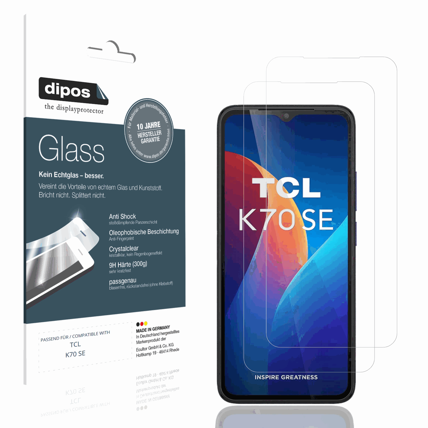 Klare Displayschutzfolie von dipos passend für TCL K70 SE, 9H kratzfest und blasenfrei montiert