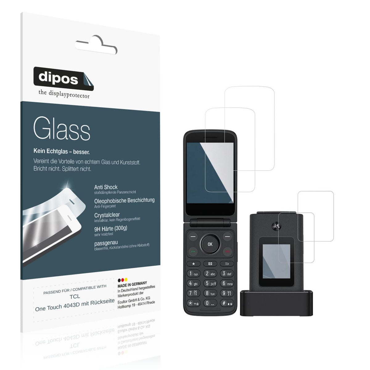 Klare Displayschutzfolie von dipos passend für TCL One Touch 4043D mit Rückseite, 9H kratzfest und blasenfrei montiert