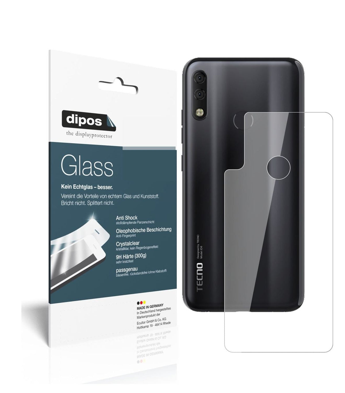 Klare Displayschutzfolie von dipos passend für Tecno Camon 11 Pro Rückseite, 9H kratzfest und blasenfrei montiert