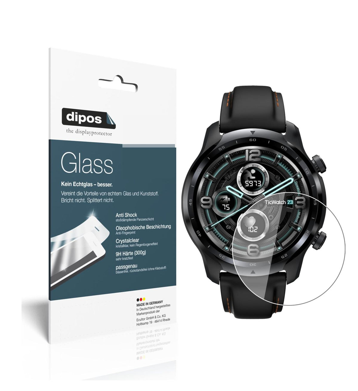 Klare Displayschutzfolie von dipos passend für TicWatch Pro 3 GPS, 9H kratzfest und blasenfrei montiert