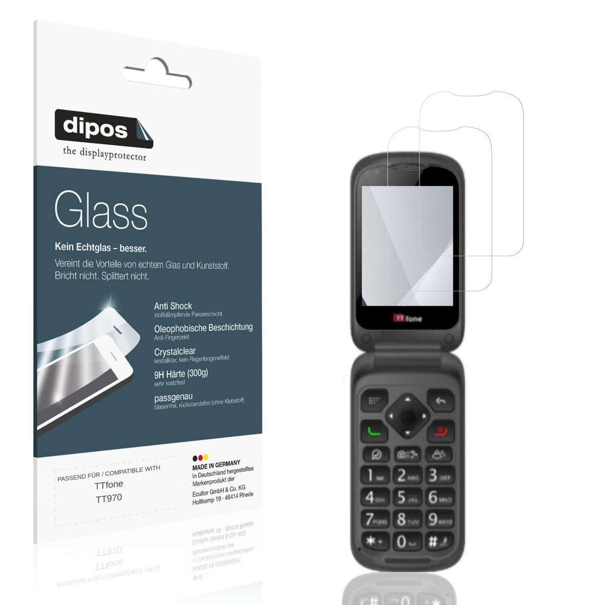 Klare Displayschutzfolie von dipos passend für TTfone TT970, 9H kratzfest und blasenfrei montiert