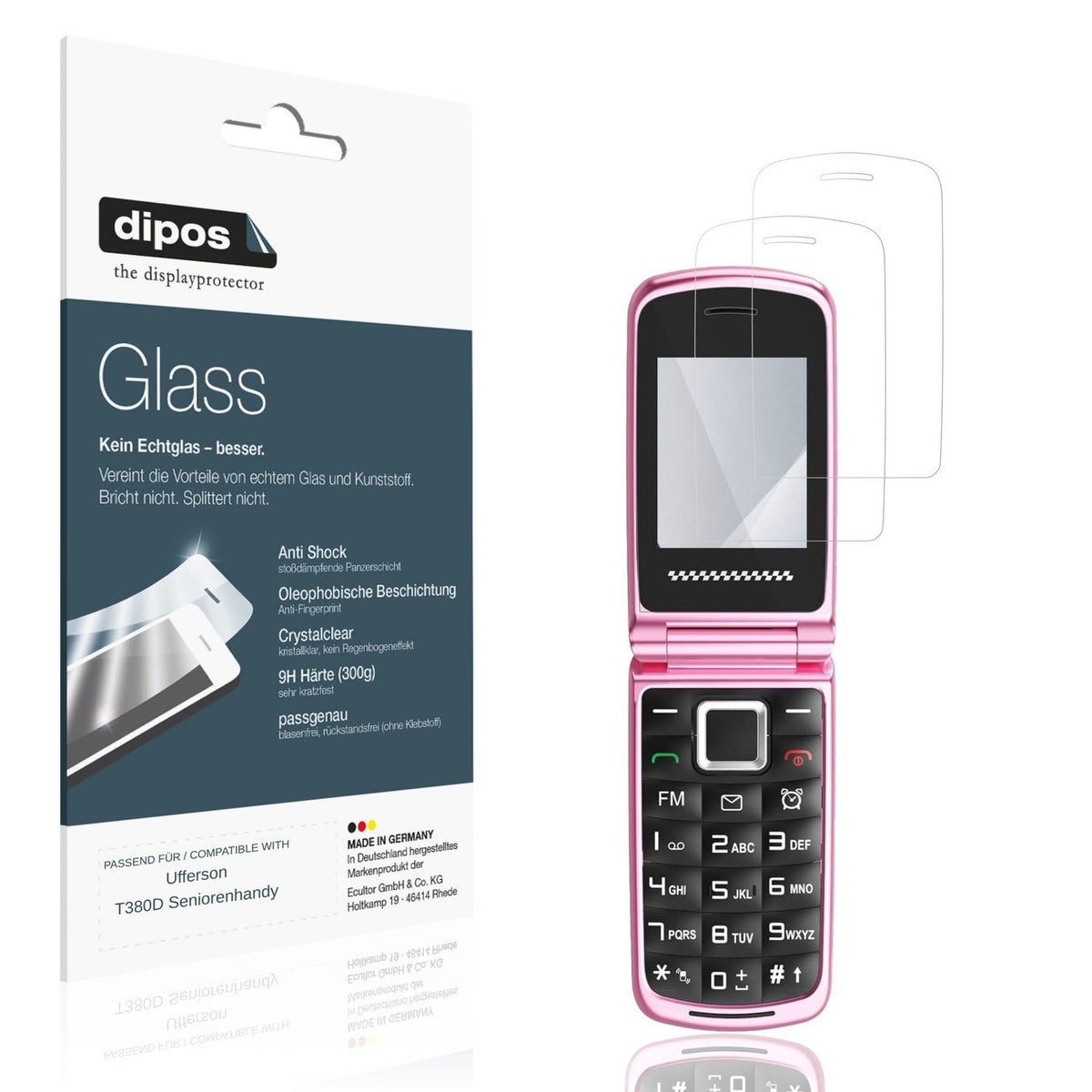 Klare Displayschutzfolie von dipos passend für Ufferson T380D Seniorenhandy, 9H kratzfest und blasenfrei montiert