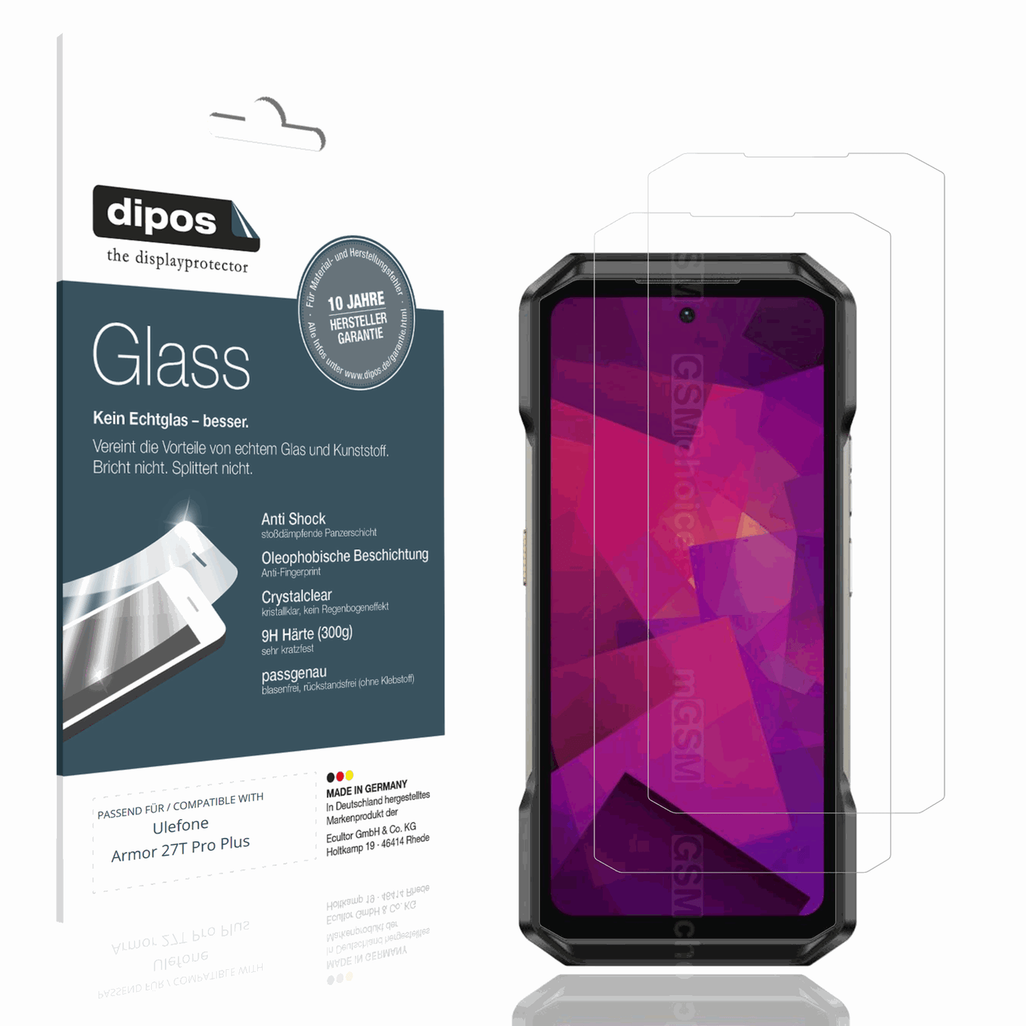 Klare Displayschutzfolie von dipos passend für Ulefone Armor 27T Pro Plus, 9H kratzfest und blasenfrei montiert