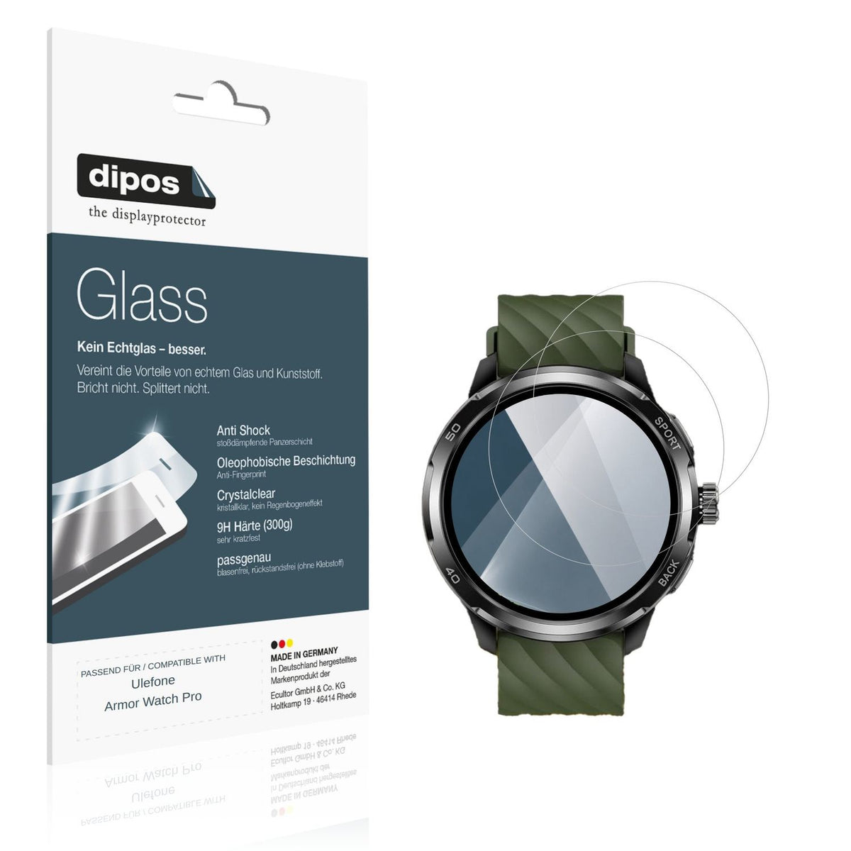 Klare Displayschutzfolie von dipos passend für Ulefone Armor Watch Pro, 9H kratzfest und blasenfrei montiert