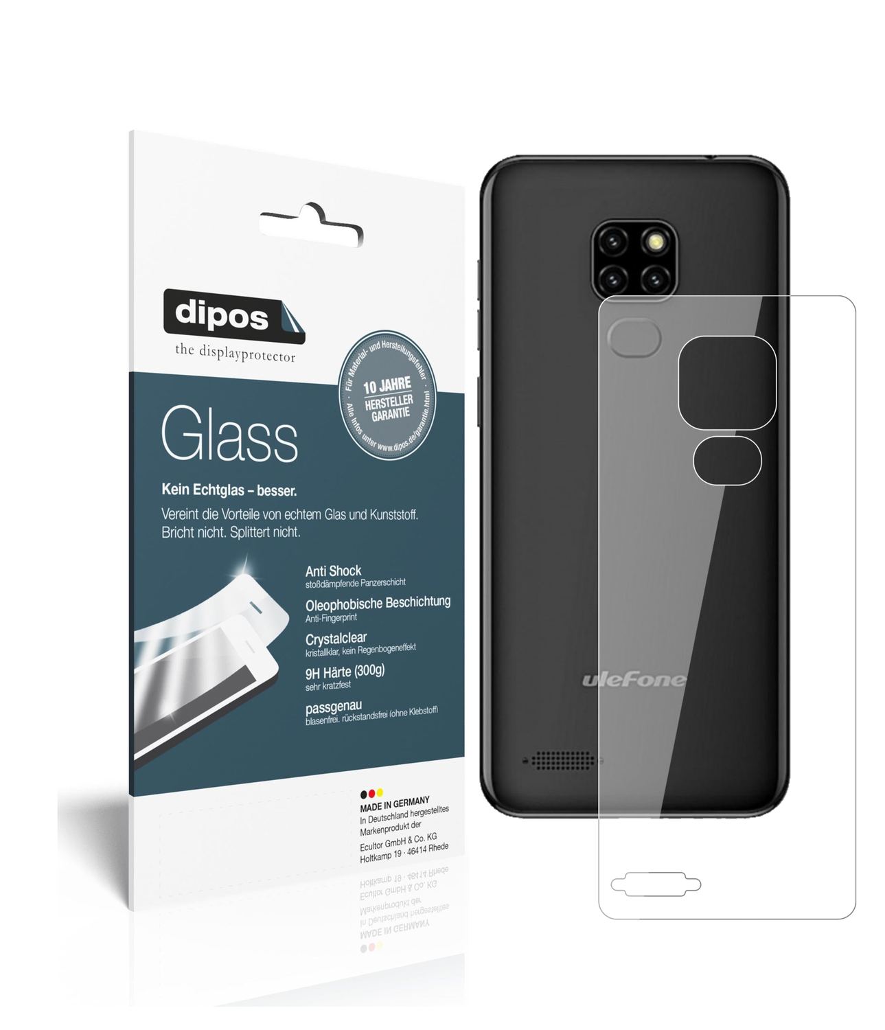 Klare Displayschutzfolie von dipos passend für Ulefone Note 7P Rückseite, 9H kratzfest und blasenfrei montiert