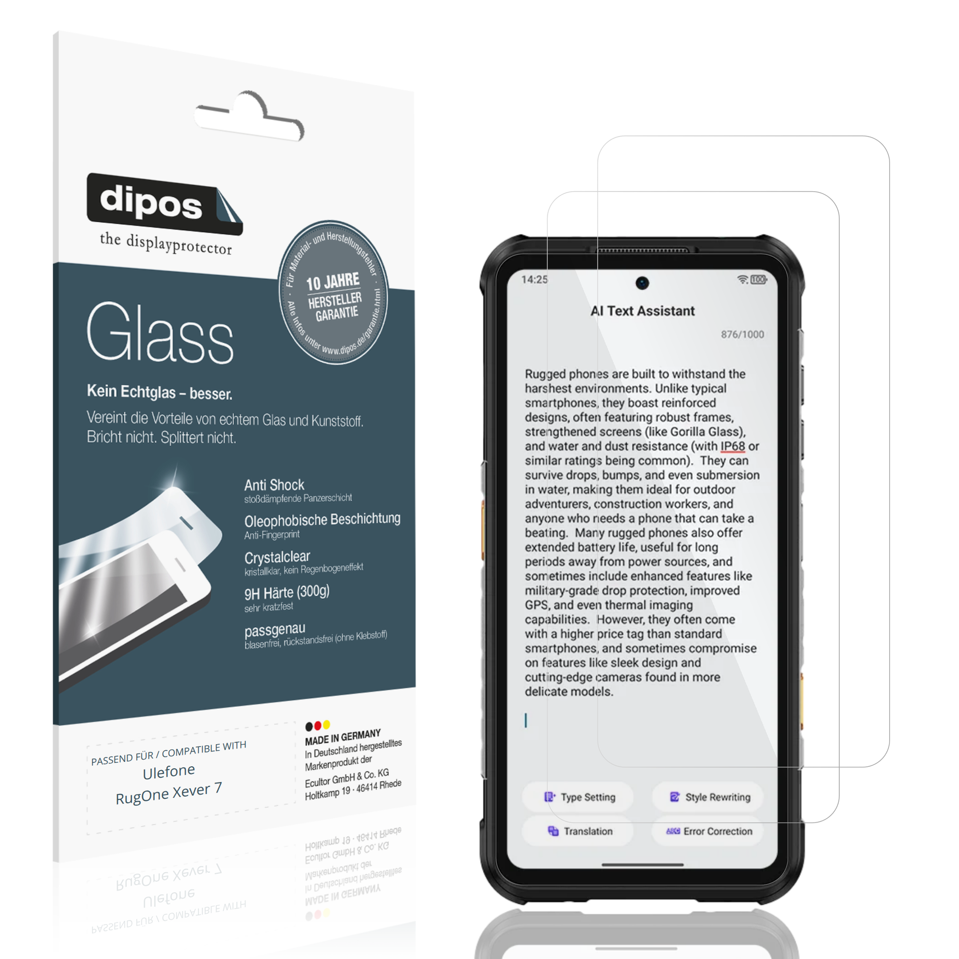 Klare Displayschutzfolie von dipos passend für Ulefone RugOne Xever 7, 9H kratzfest und blasenfrei montiert
