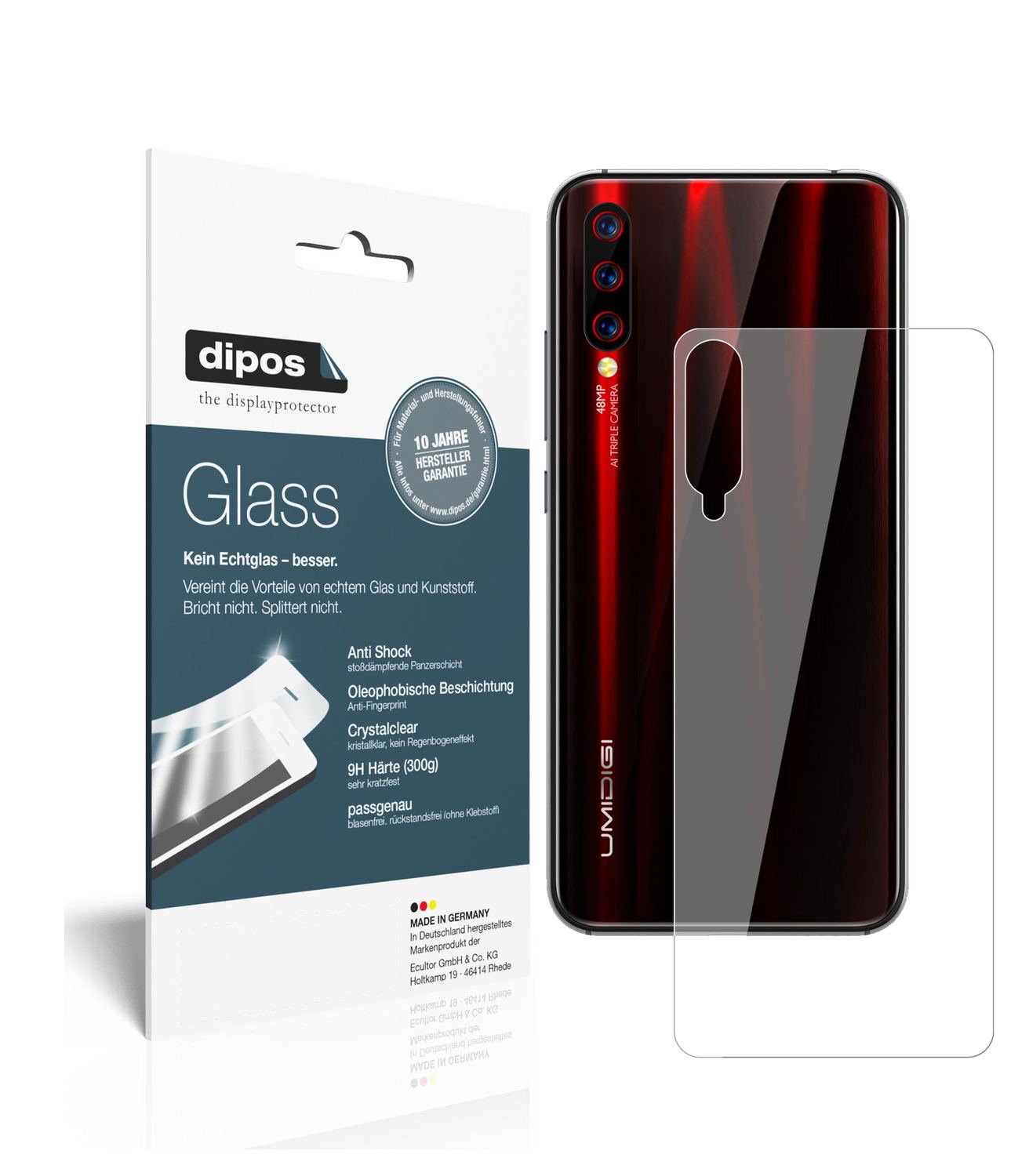 Klare Displayschutzfolie von dipos passend für Umidigi X Rückseite, 9H kratzfest und blasenfrei montiert