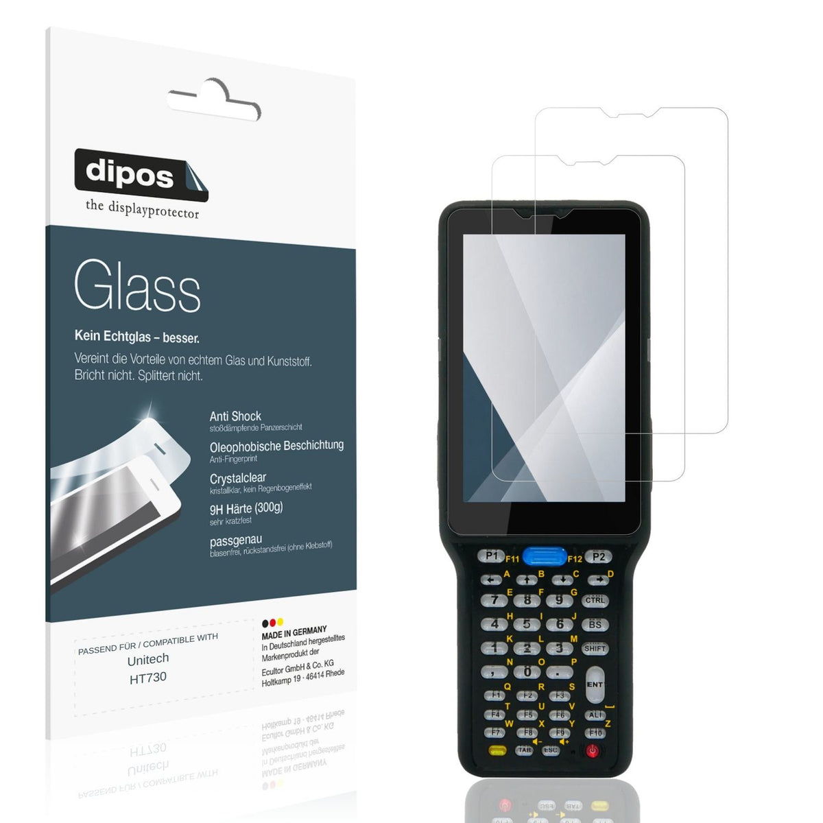 Klare Displayschutzfolie von dipos passend für Unitech HT730, 9H kratzfest und blasenfrei montiert