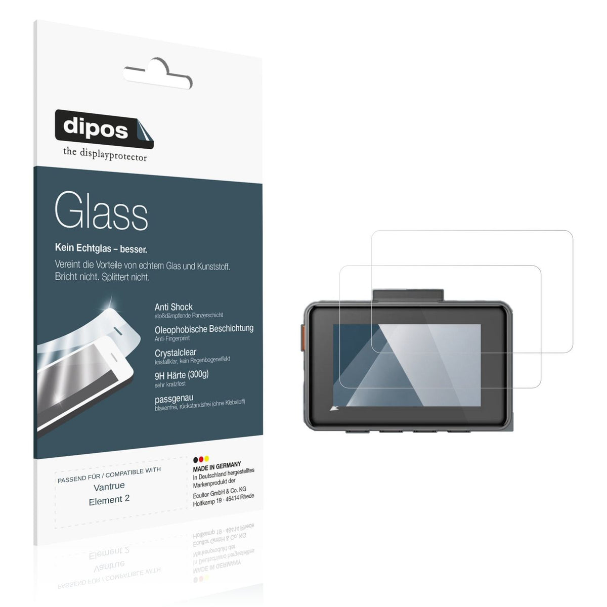 Klare Displayschutzfolie von dipos passend für Vantrue Element 2, 9H kratzfest und blasenfrei montiert