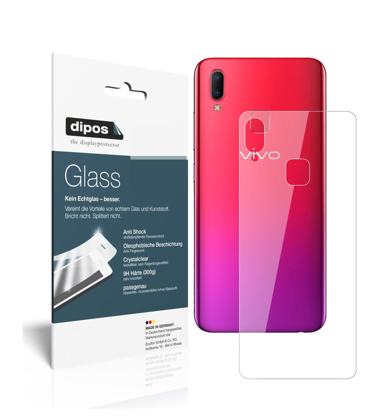 Klare Displayschutzfolie von dipos passend für Vivo Y91 C Rückseite, 9H kratzfest und blasenfrei montiert