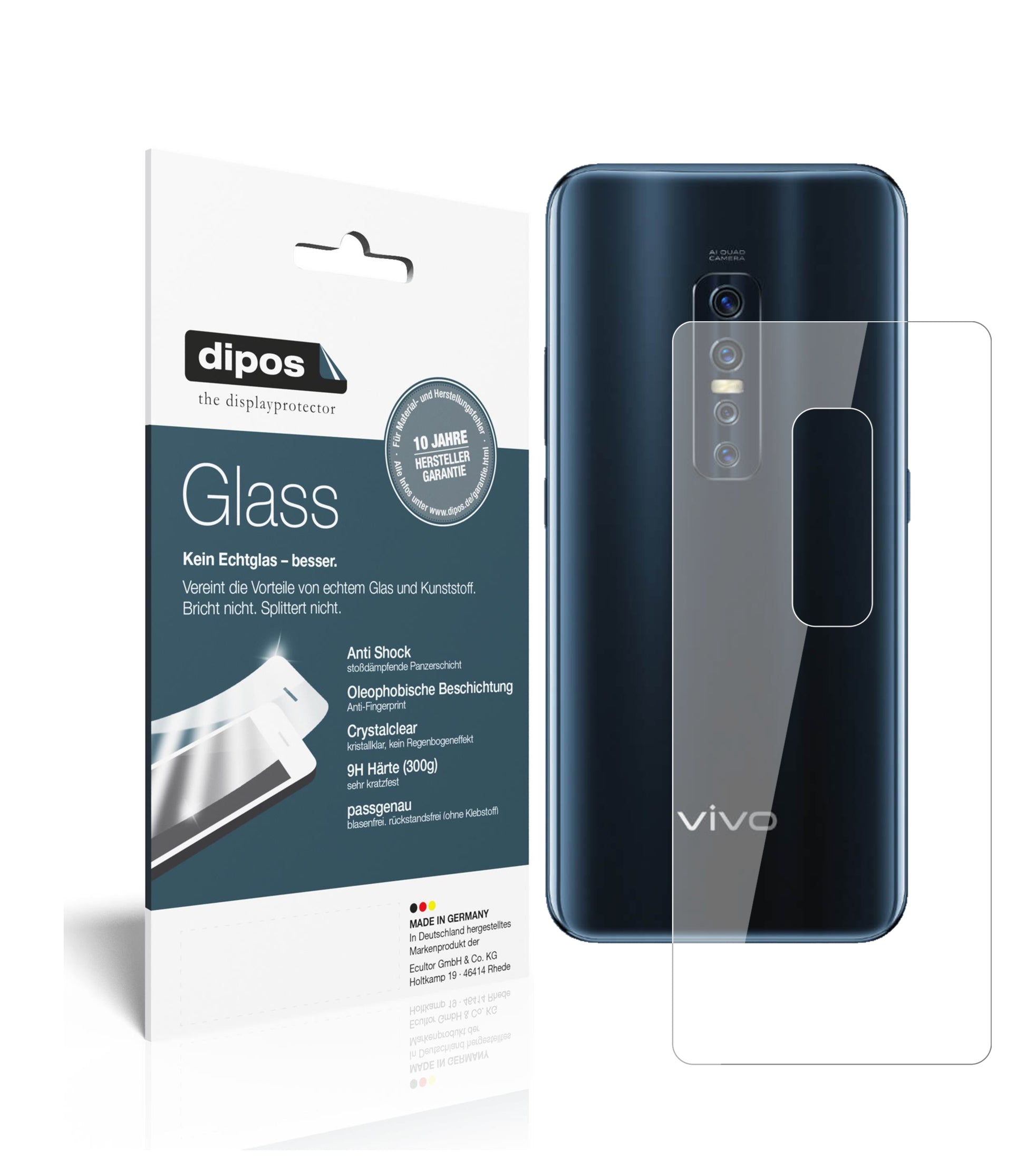 Klare Displayschutzfolie von dipos passend für Vivo V17 Pro Rückseite, 9H kratzfest und blasenfrei montiert